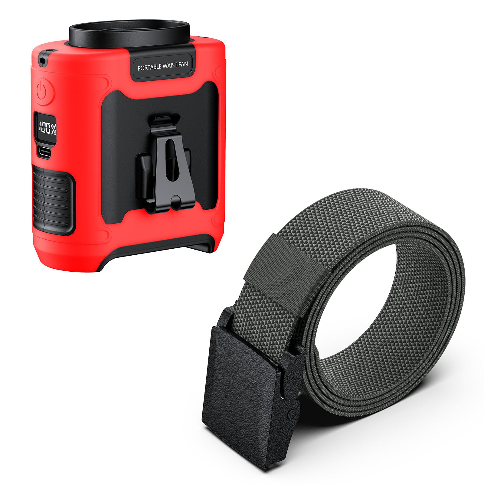 morsisho 1 Pack Red Portable Waist Fan and 1 Pack Grey Tactical Nylon Belt