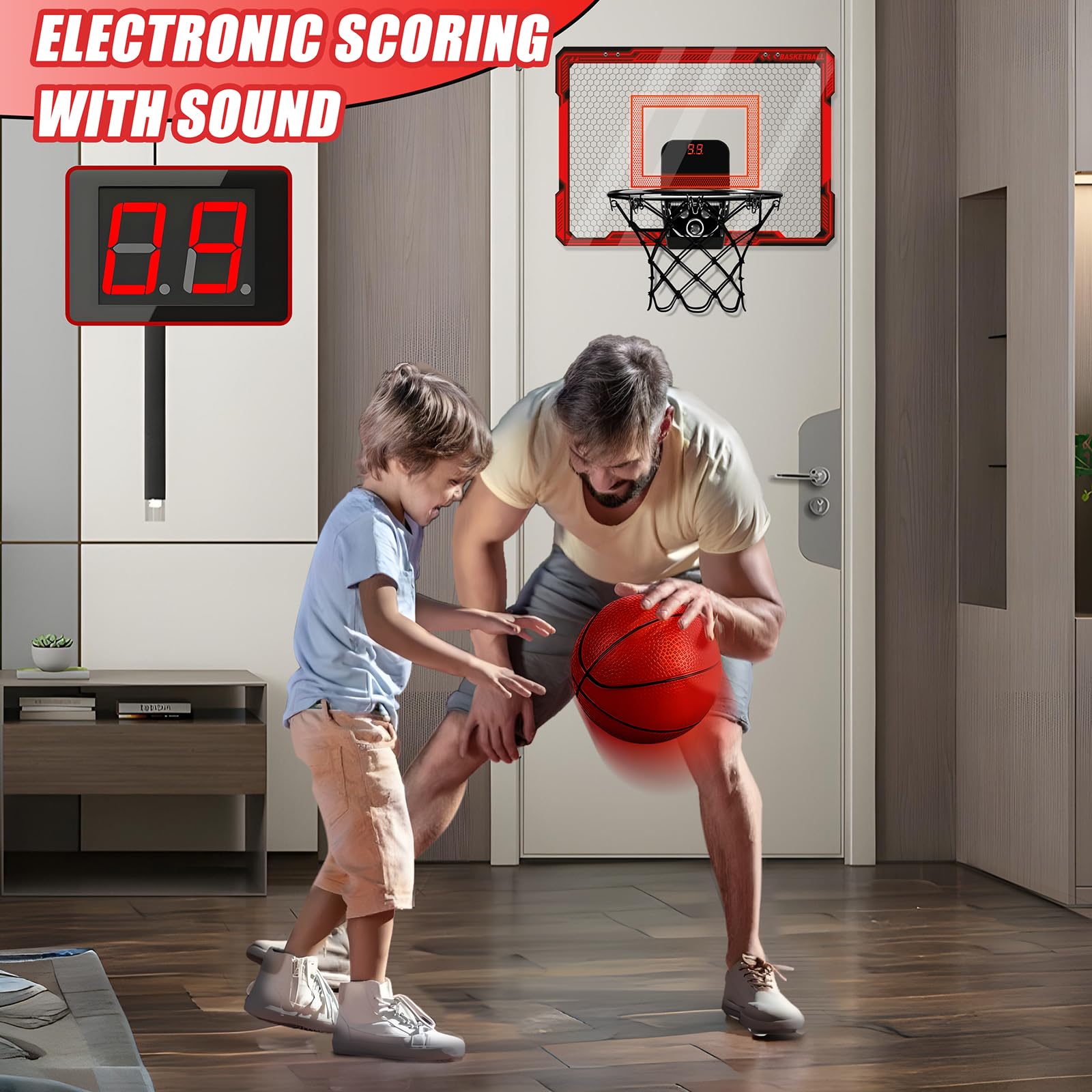 Basketball Hoop Indoor for Kids, Over The Door Basketball Hoops with LED Lighting & Audio Scoreboard, Mini Basketball Hoop Basketball Toys Gifts for 5 6 7 8 9 10 11 12 Year Old Boys Girls (Red)