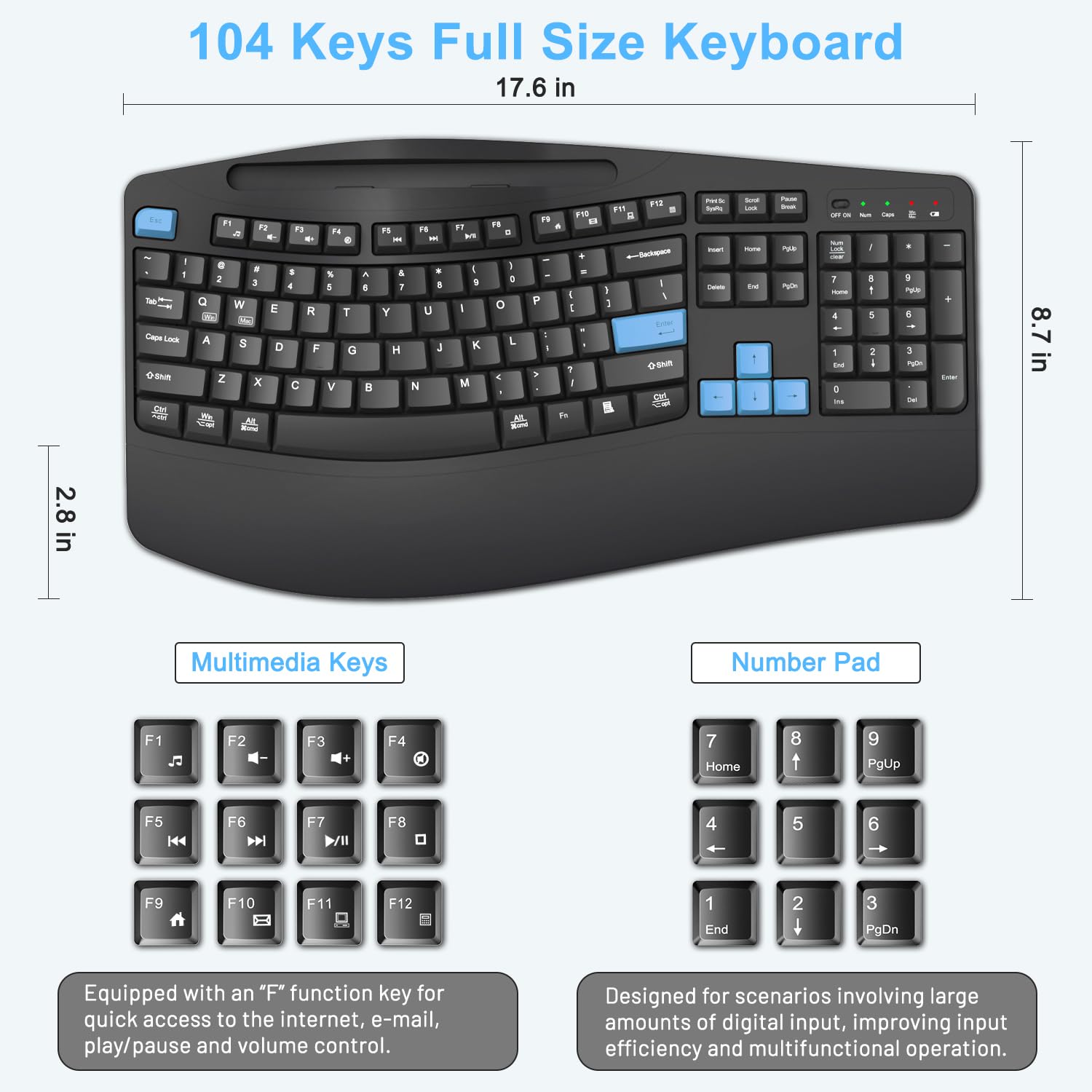 Wireless Keyboard and Mouse Combo, 2.4G Full Size Wave Keys Ergonomic Keyboard with Wrist Rest, Phone Holder, 3-Level DPI Wireless Silent Mouse with 6-Buttons, for Windows, Mac OS, Laptop (Blue Black)