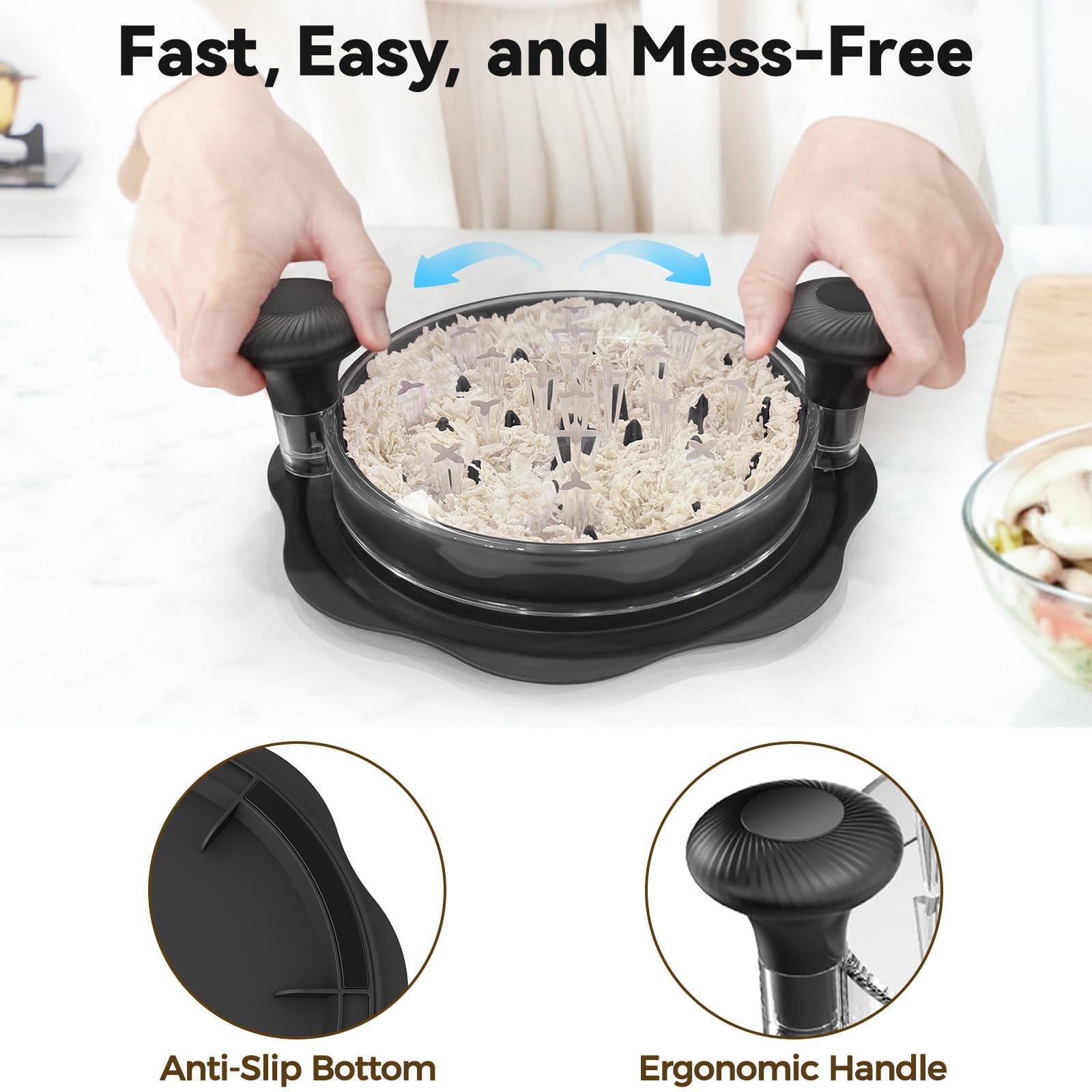 Ukeetap 10" Pro Chicken Shredder Tool Twist Large for Kitchen, BPA-Free Food-Safe Meat Grinder, Visible Chicken Breast Meat Shredder with Strong Anti-Slip Bottom & Ergonomic Handle, Black
