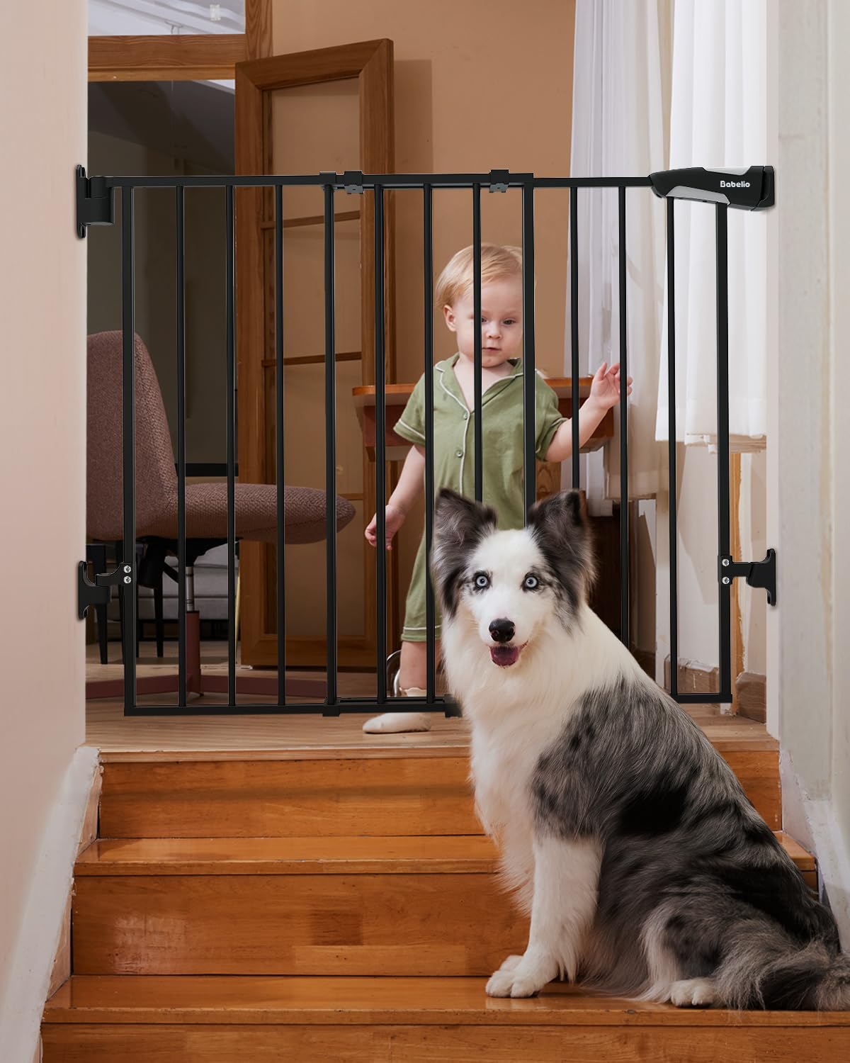 Babelio 26-43" No Bottom Bar Baby Gate for Babies, Elders and Pets, 2-in-1 Hardware Mount Dog Gate for The House, Stairs and Doorways, Safety Pet Gates with Large Walk Thru Door, Iron Black