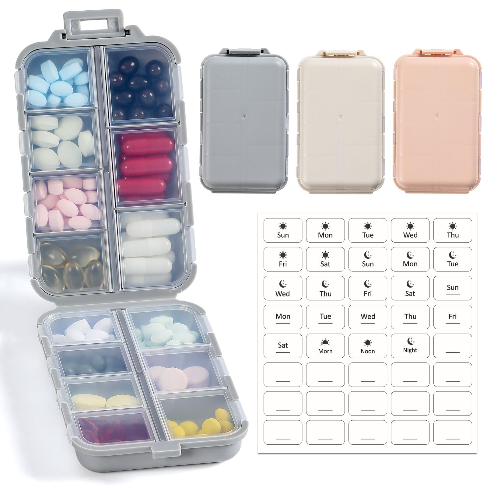 3 Pack, 14 GRIDS Travel Pill Organizer Box with Labels - Travel Medicine Case Kit - Pocket Daily Pharmacy Container - Travel Medication Holder Dispenser for Fish Oil Vitamin Supplement Storage