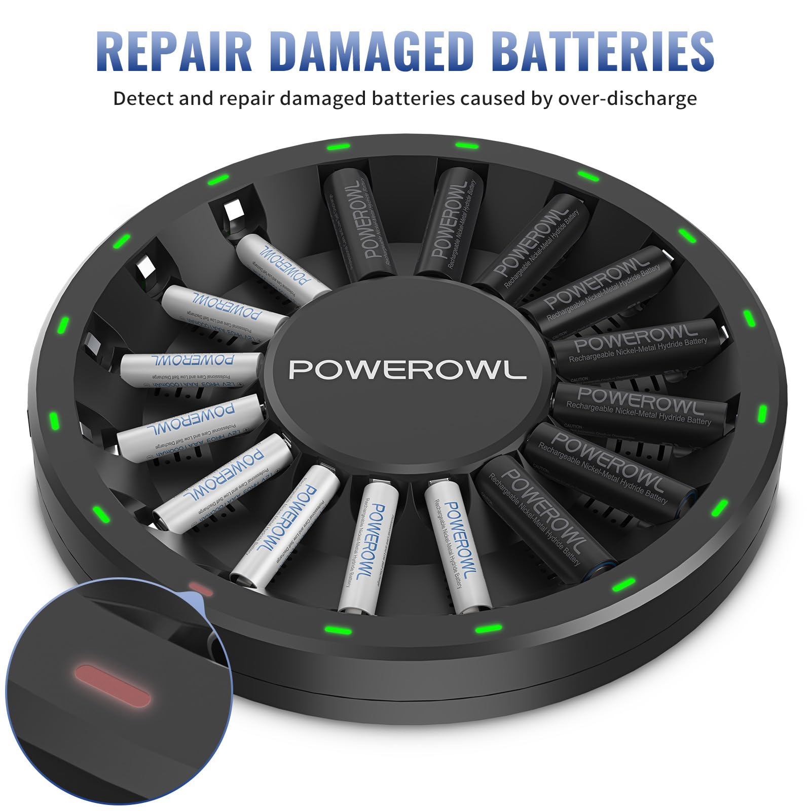 POWEROWL 16 Bay AA AAA Battery Charger (Updated, High Speed Charging) with Smart LED Light and Plug, for NIMH NICD Rechargeable Batteries and More