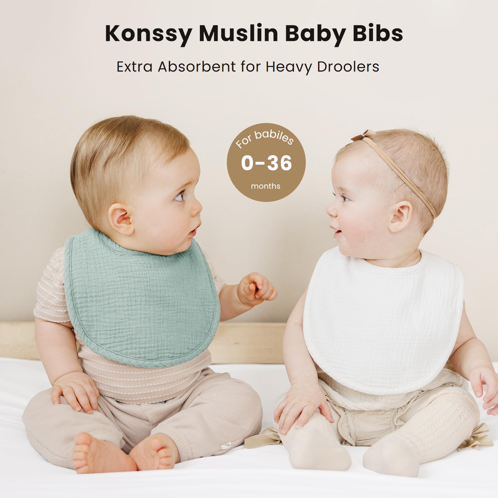 Konssy Muslin Baby Bibs 8 Pack Bandana Drool Bibs Cotton for Unisex Boys Girls, 8 Solid Colors Set for Teething and Drooling