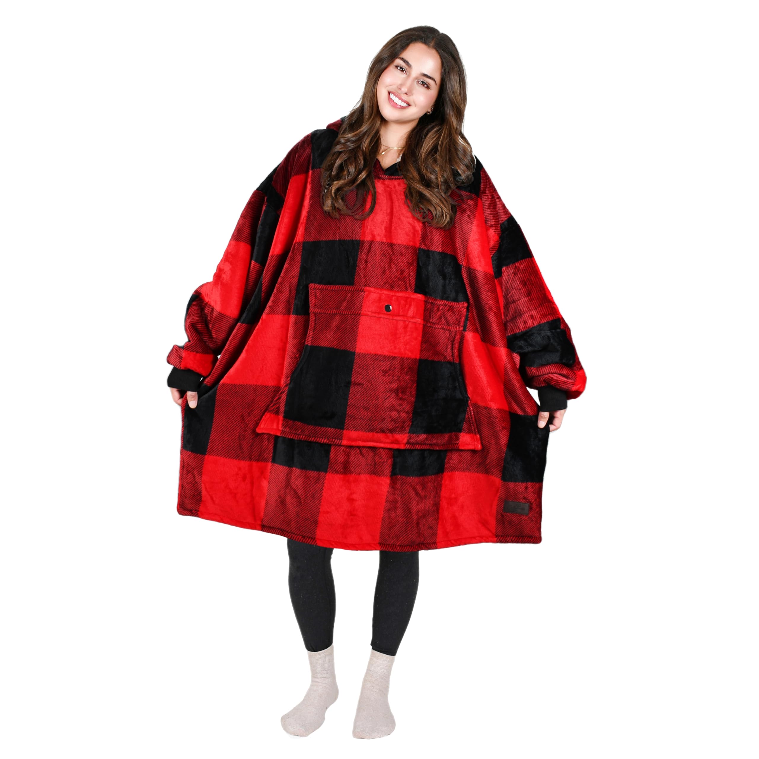 Tirrinia Red Plaid Oversized Hoodie Blanket Sweatshirt Comfortable Sherpa Giant Wearable Blankets Gift for Adults Men Women Teenagers Wife Girlfriend