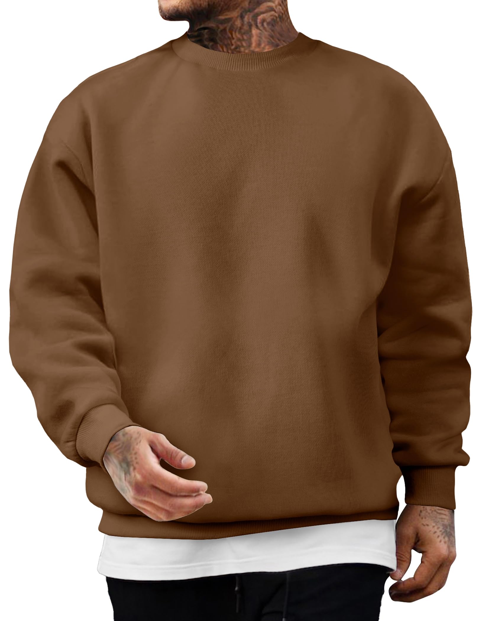 JMIERR Men's Casual Fleece Long Sleeves Crewneck Sweatshirts Thick Cotton Pullover Sweatshirt for Men, US38(S), Brown