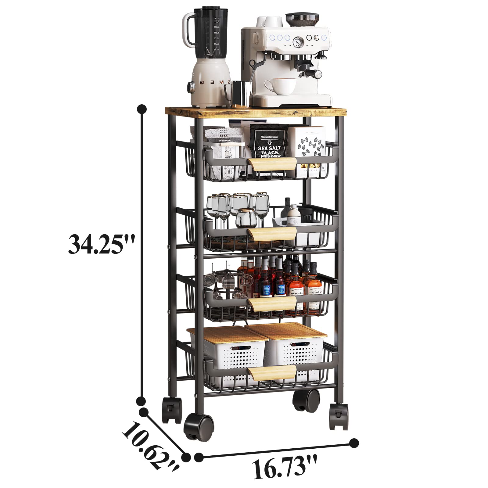 Wisdom Star 5 Tier Fruit Basket for Kitchen, Vegetable Storage Cart with Wooden Tabletop, Vegetable Basket Bins for Onions and Potatoes, Wire Storage Basket Organizer Utility Cart with Wheels, Black