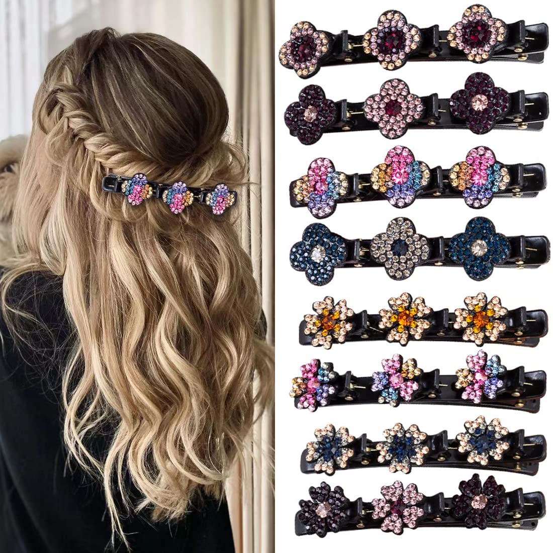 Sparkling Crystal Stone Braided Hair Clover Clips for Thick Thin Hair, Girls / Women Hair Accessories for Styling Sectioning, Large, 8 Pcs