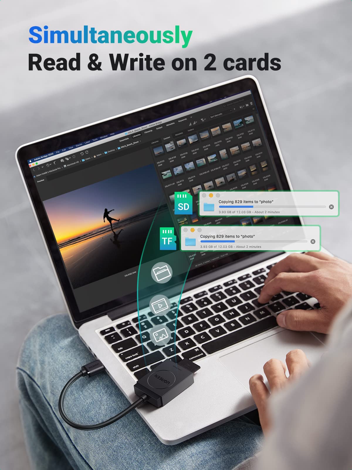 UGREEN SD Card Reader USB 3.0 Dual Slot Flash Memory Card Reader TF SD Micro SD SDXC SDHC MMC RS-MMC Micro SDXC Micro SDHC UHS-I for Mac Windows Linux Chrome Read 2 Cards Simultaneously