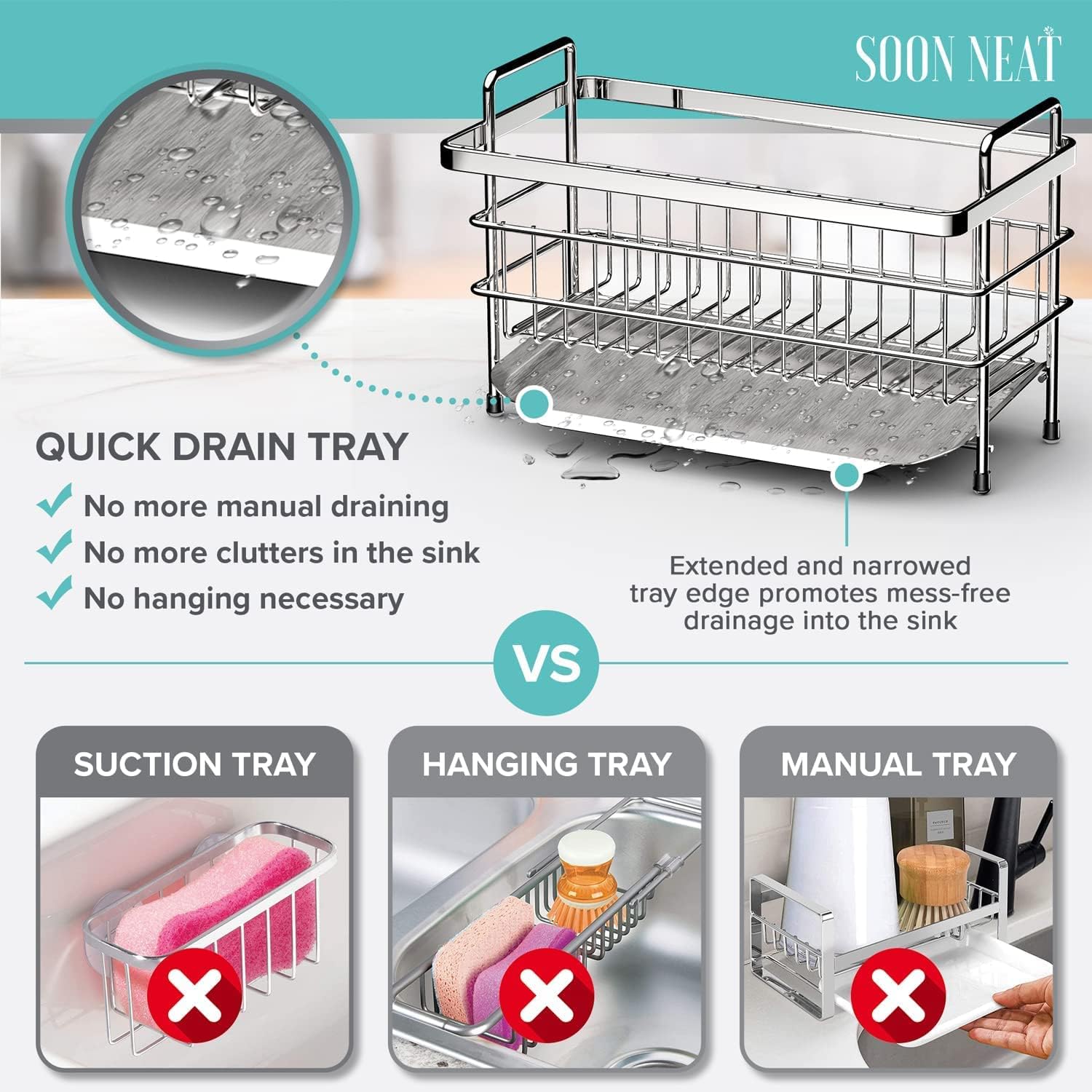 Soon Neat Kitchen Sink Caddy - Kitchen Sink Organizer - Quick Draining, Stainless Steel Tray