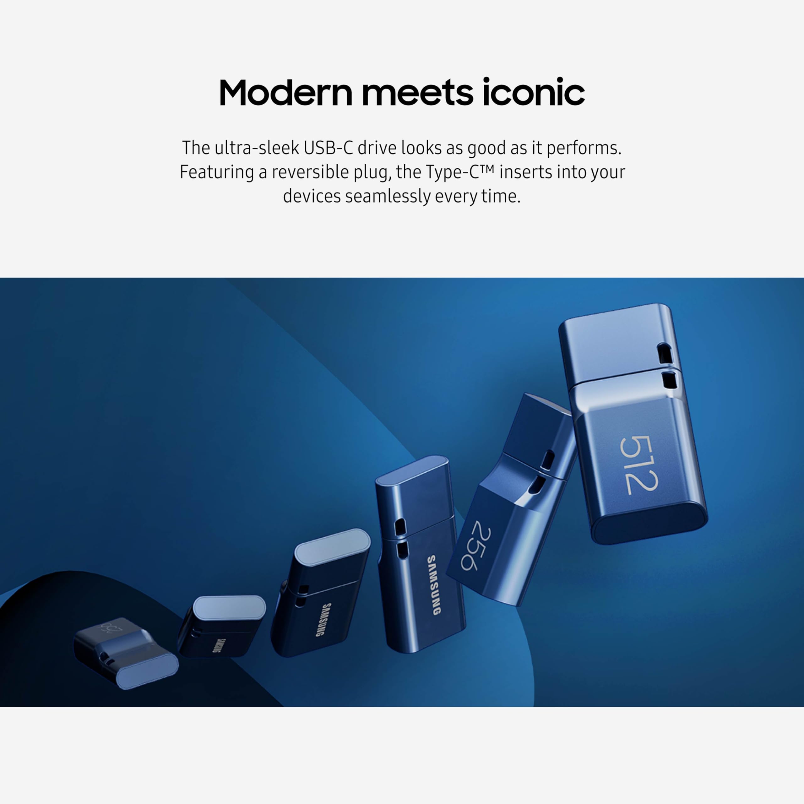 Samsung Type-C USB Flash Drive, 512GB, Transfers 4GB Files in 11 Secs w/Up to 400MB/s USB 3.2 Gen 1 Read Speeds, Compatible w/USB 3.0/2.0, Waterproof, 2022, Blue, MUF-512DA/AM