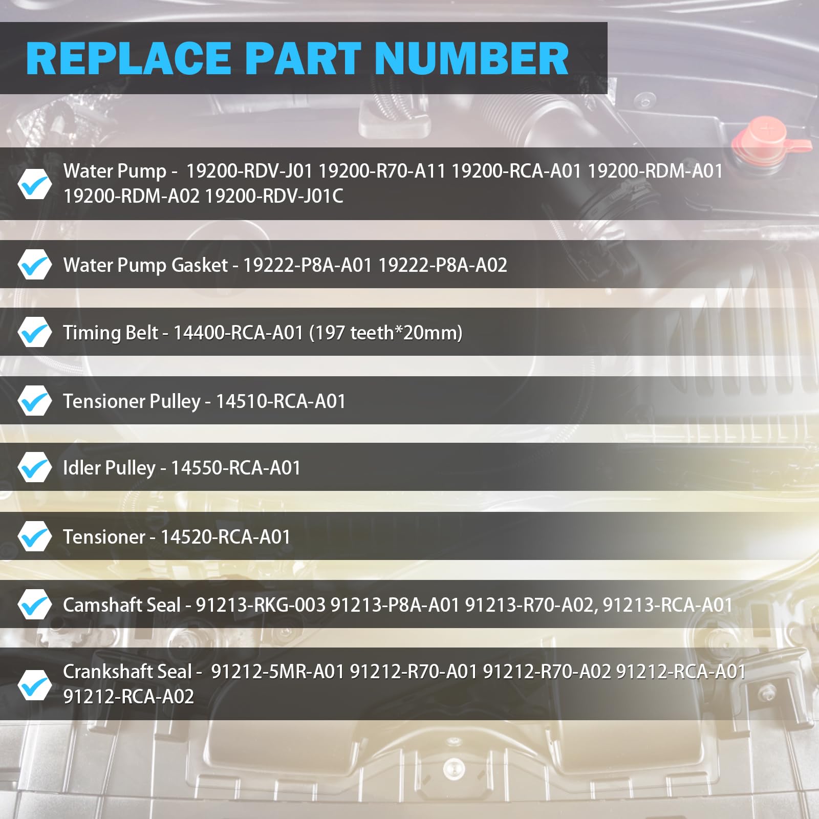 Timing Belt Kit with Water Pump for 3.0L 3.5L 3.7L 2003-2017 Honda Accord, Pilot, Odyssey, Ridgeline, Acura MDX, RDX, RL TL, TSX, ZDX - Replace # TCKWP329 TKH-002 - Timing Belt Water Pump Kit