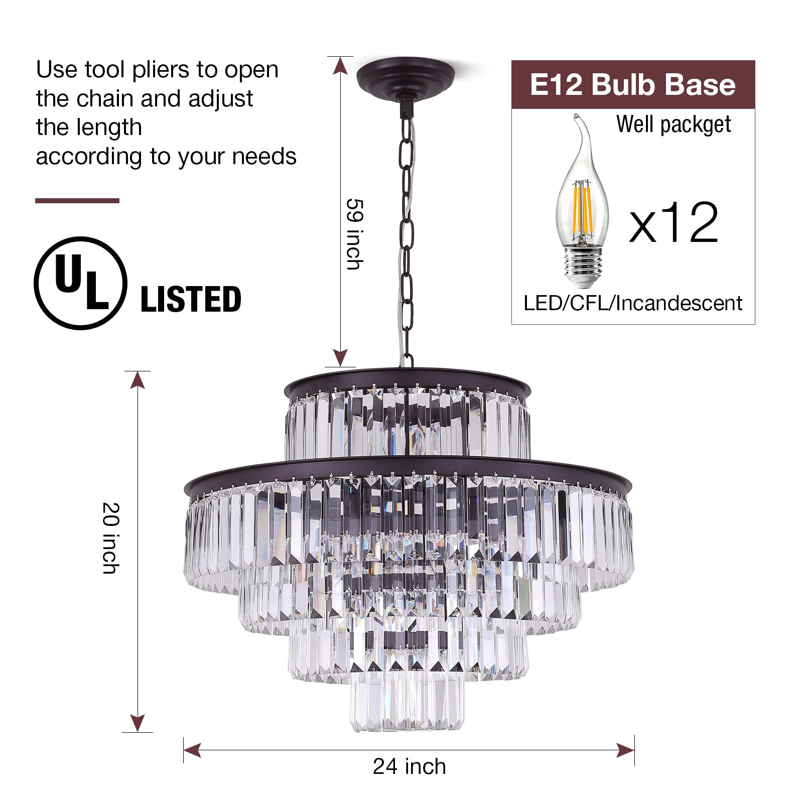 Modern Crystal Chandeliers Brown Round 24 inch Lights & Hanging Classic, Pendant Ceiling Chandelier Lighting Fixture 5-Tier for Dining Room Living Room Bed Room Entryway