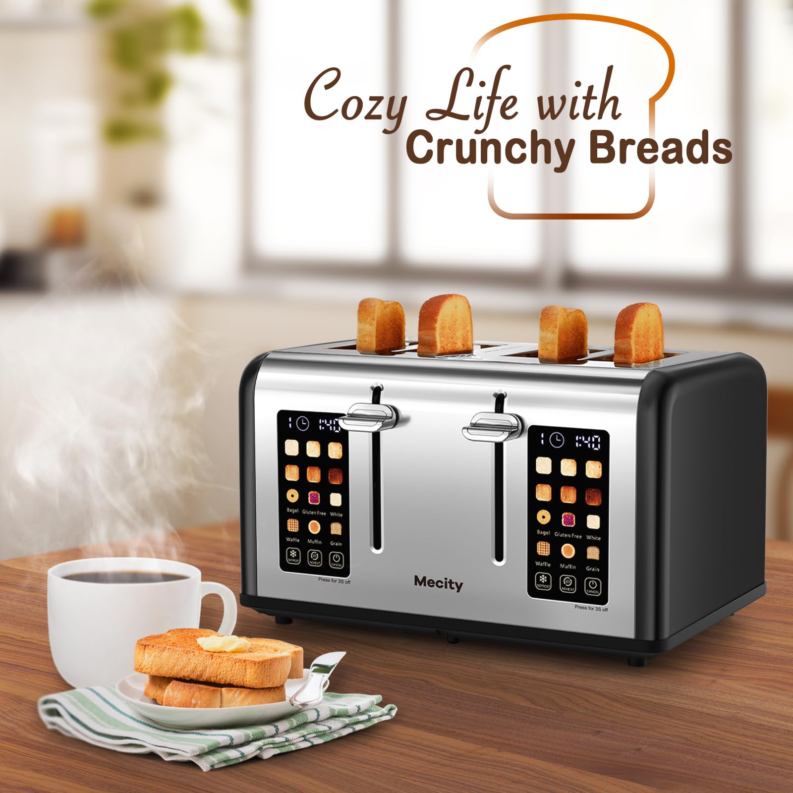 Mecity 4 Slice Toaster Touch Screen Control 4 Wide Slot, Stainless Steel Smart Bread Toaster for Bagel Muffin Waffle, Dual Control Pannel, Timer, Defrost, Reheat, 120V 1650W