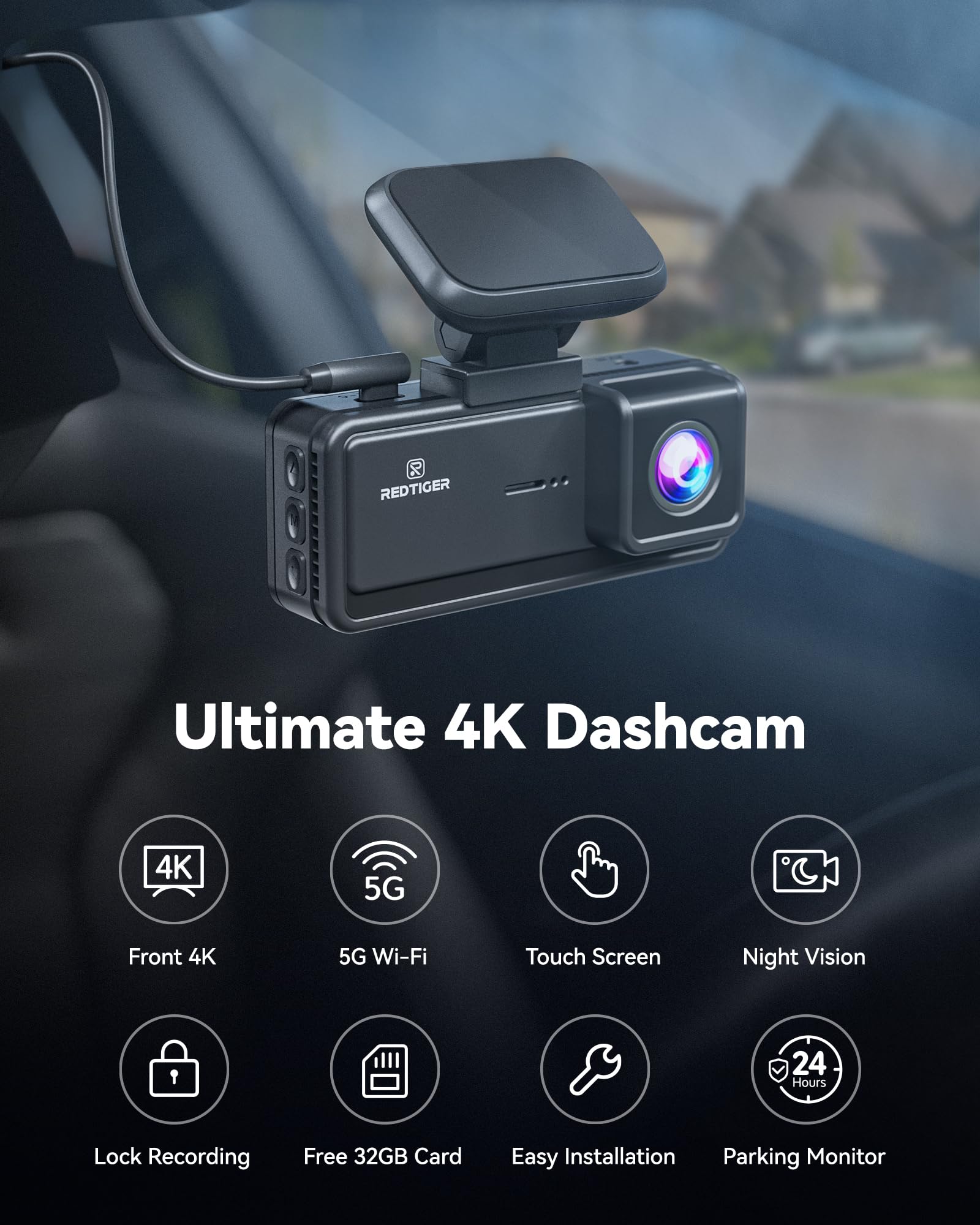 REDTIGER 4K Dash Cam Front, 5G Wi-Fi App Control, 3.18'' Touch Screen Dash Camera for Cars, 2160P UHD Night Vision, 32GB Card Included, 160° Wide Angle, Built-in GPS, Parking Mode, Loop Rcording (F8)