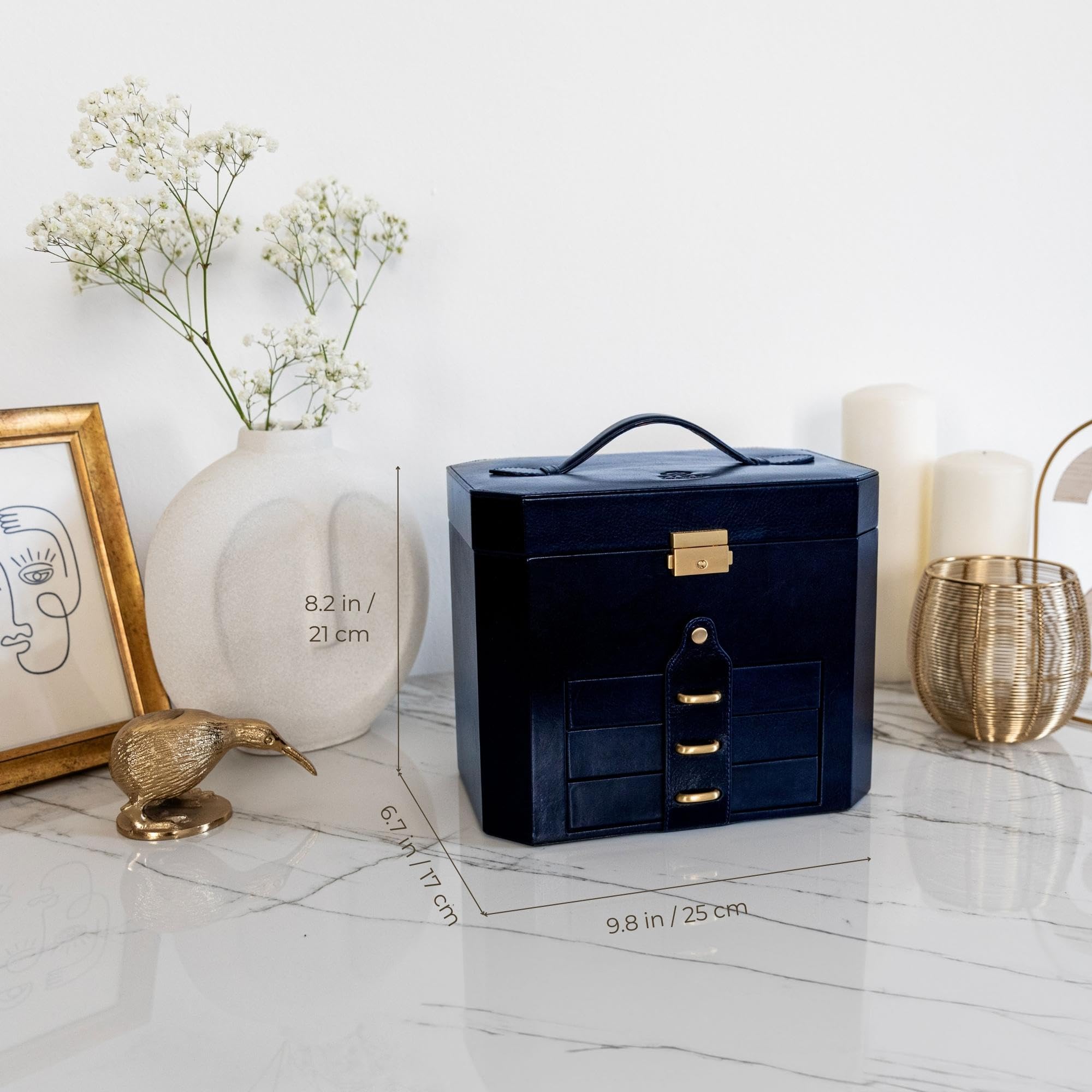 Time Resistance Leather Jewelry Box | Full Grain Leather Jewellery Organizer | Navy Blue Accessories Storage Key Lock Box for Women (Blue)