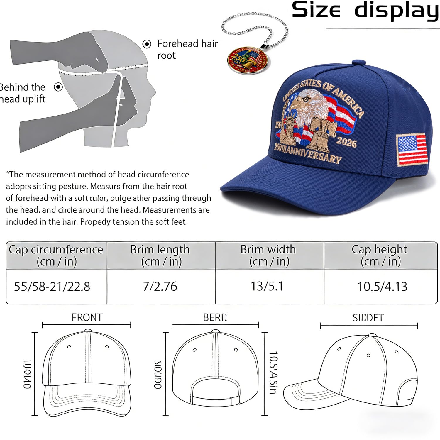 250 Anniversary USA Hat - Retro Embroidered 250th Anniversary Patriotic Adjustable Baseball Cap for Men and Women (B)