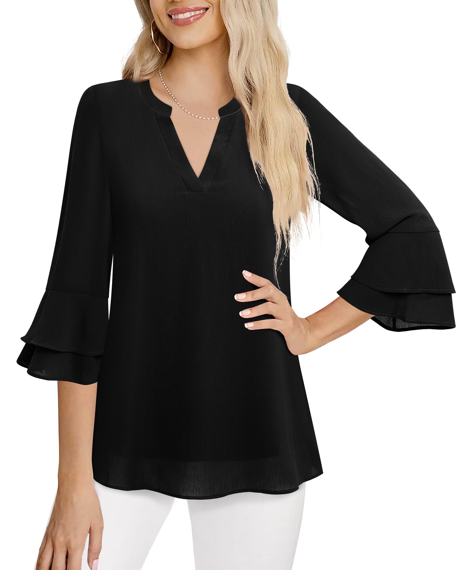 Lotusmile Blouses for Women Dressy Casual, Notch V Neck Tunic Flowy 3/4 Bell Sleeve Tops for Women Summer Chiffon Layers Elbow Length Top Loose Fitting Office Shirt Black