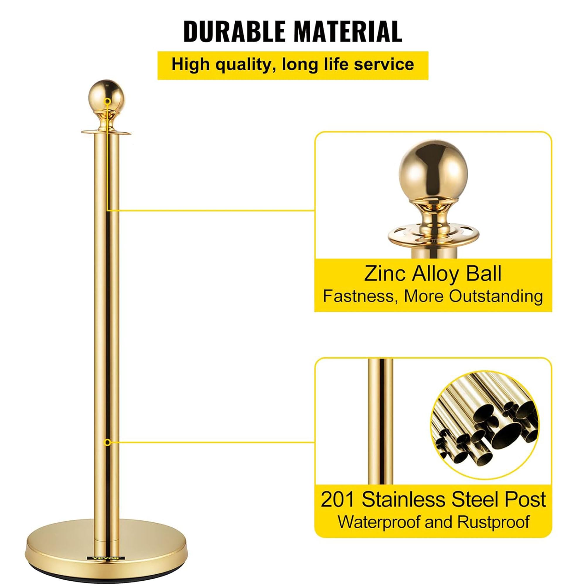 Vevor Velvet Ropes and Stanchion Post with Ball Top and Four Way Connection for Crowd Control Barriers, Safety, and Protection, Gold