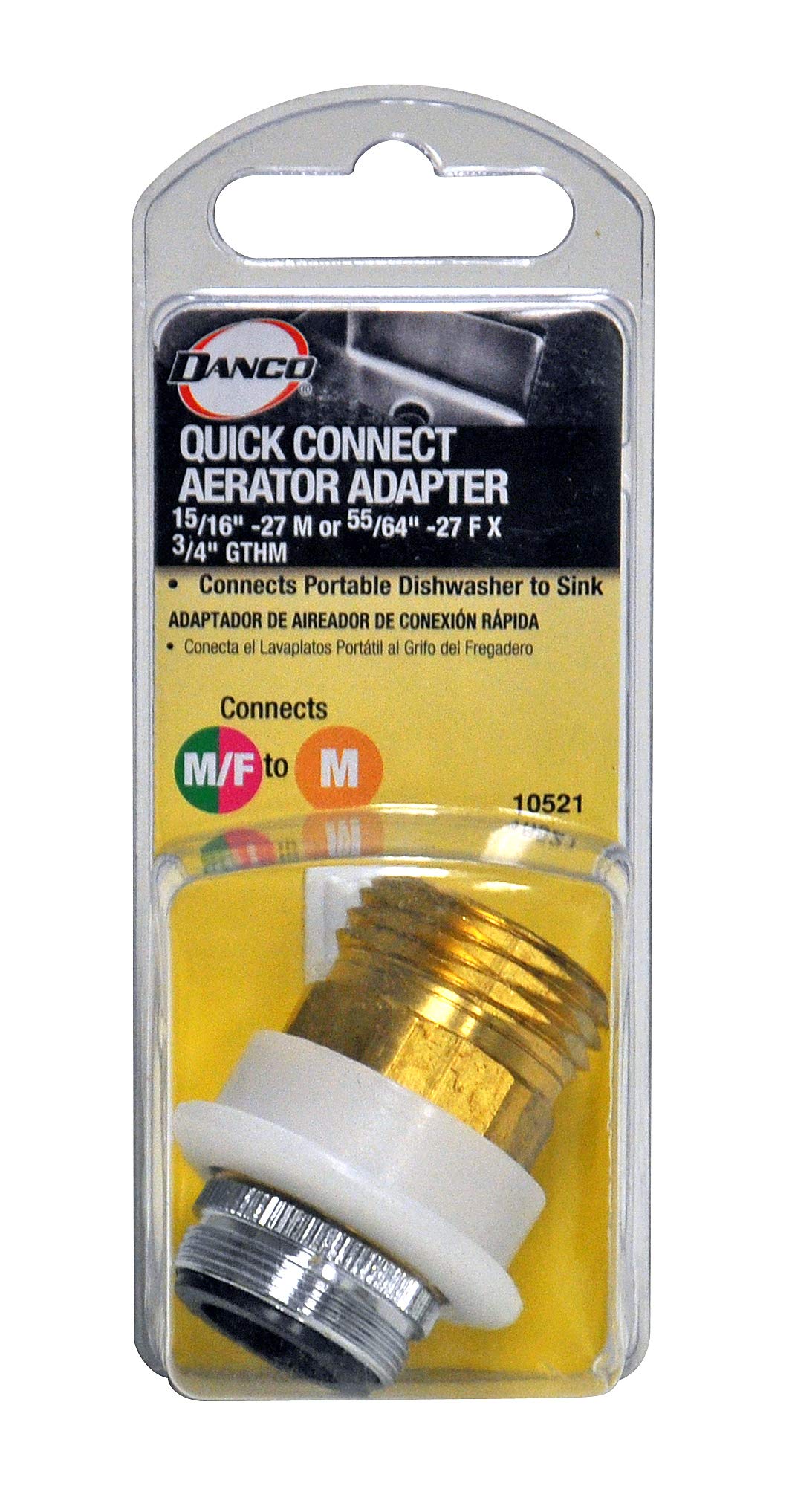 Danco 10521 Dual Thread Dishwasher Snap Coupling Adapter, 15/16-27 X 55/64-27 Male, 1.5 Gpm, No Size, Brass