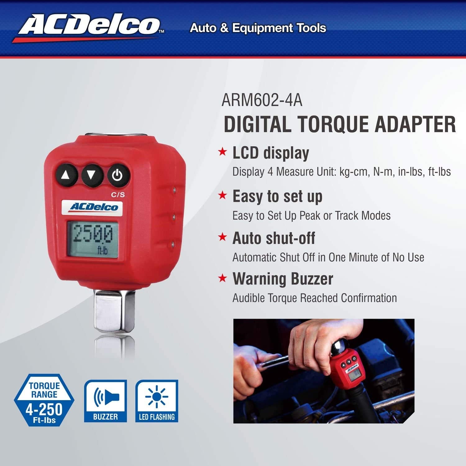 ACDelco ARM602-4A 1/2” (25 to 250 ft-lbs.) Heavy Duty Digital Torque Adapter with Buzzer and LED Flash Notification – ISO 6789 Standards with Certificate of Calibration