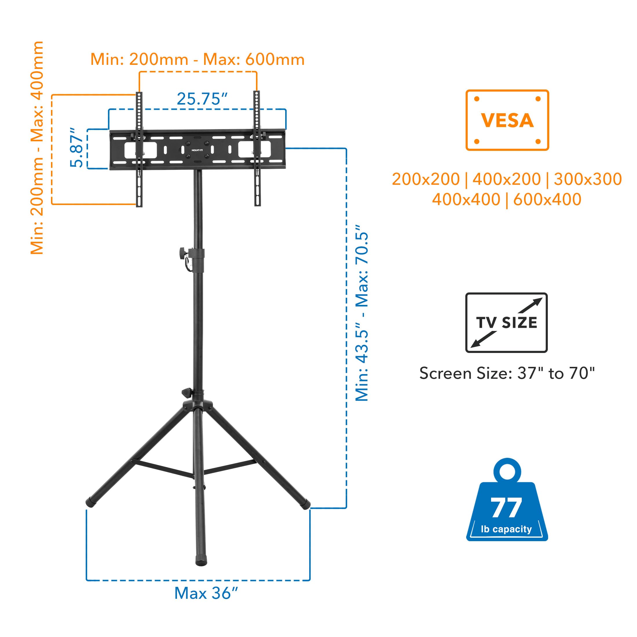 Mount-It! Tripod TV Stand – Portable TV Tripod for Flat Screens 32-70 Inch – Indoor/Outdoor Height Adjustable Stand, VESA 200x200 to 600x400, for LCD, LED, OLED, Curved TVs, Holds up to 77lbs