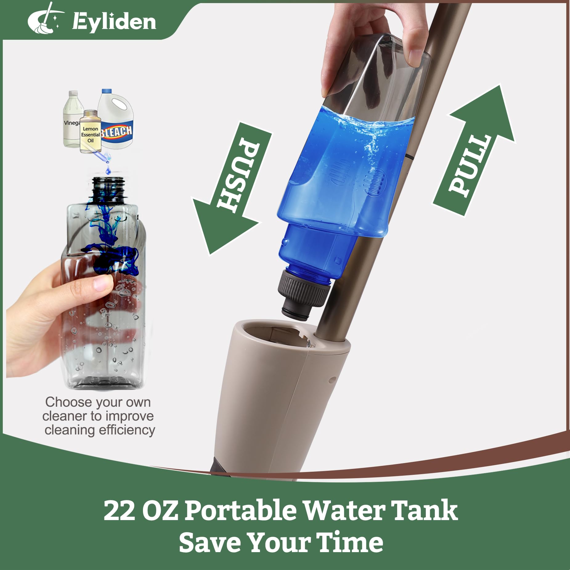 Eyliden Wet and Dry Spray Mop - 360° Rotating Head, 22 oz Refillable Bottle, 2 Washable Microfiber Pads, Ergonomic Handle - Floor Mop with Spray for Hardwood, Tile, and Laminate Floors (Brown)