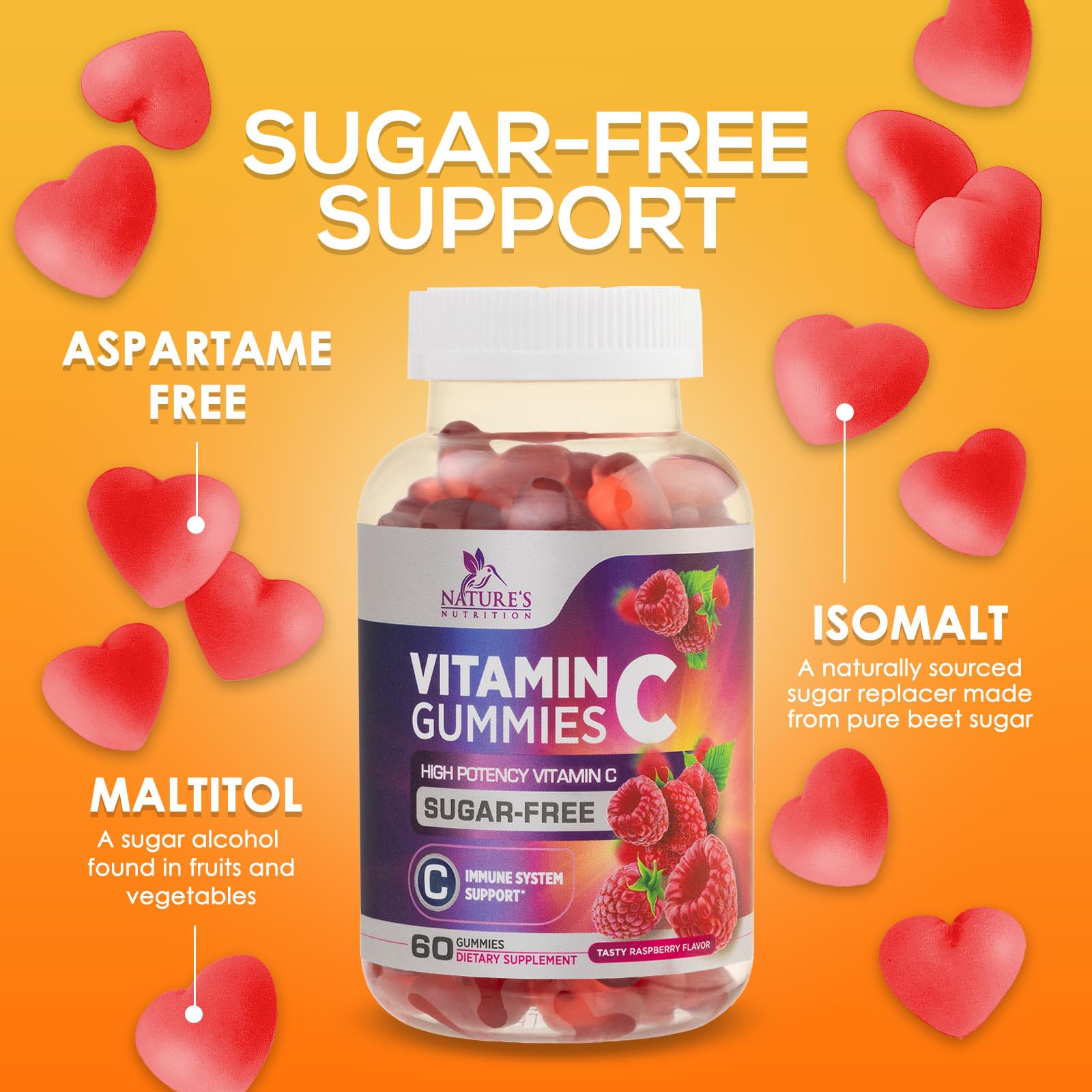 Sugar Free Vitamin C Gummies - Immune Support & Antioxidant Vitamin Dietary Supplement - Vegan, Non-GMO, Dairy & Gluten Free C Vitamin Gummy - Raspberry Flavor for Kids & Adults - 60 Count Gummies