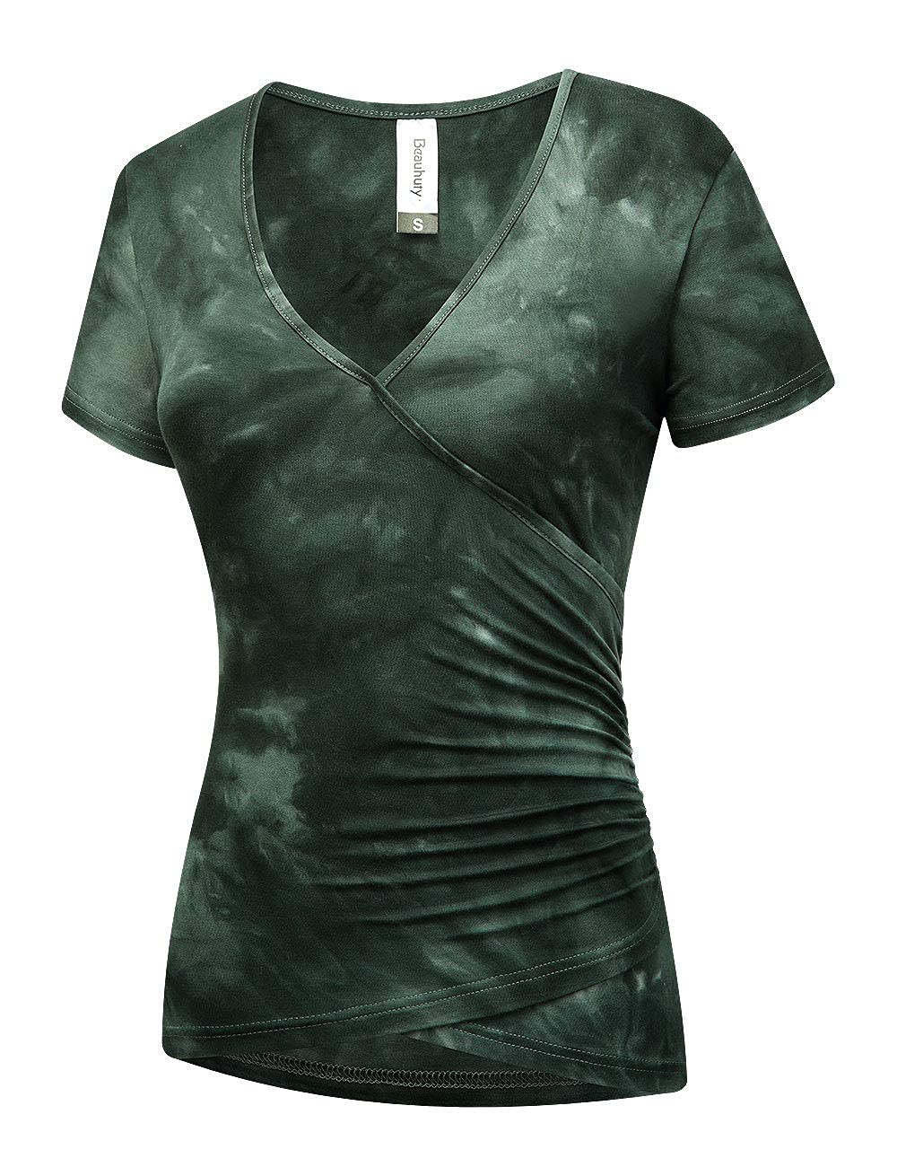 Beauhuty Tie Dye Shirts Womens Tops Deep V Neck Surplice Wrap Ruched Short Sleeve Fitted Tees (M, Short-Tie Dyed 02Green)