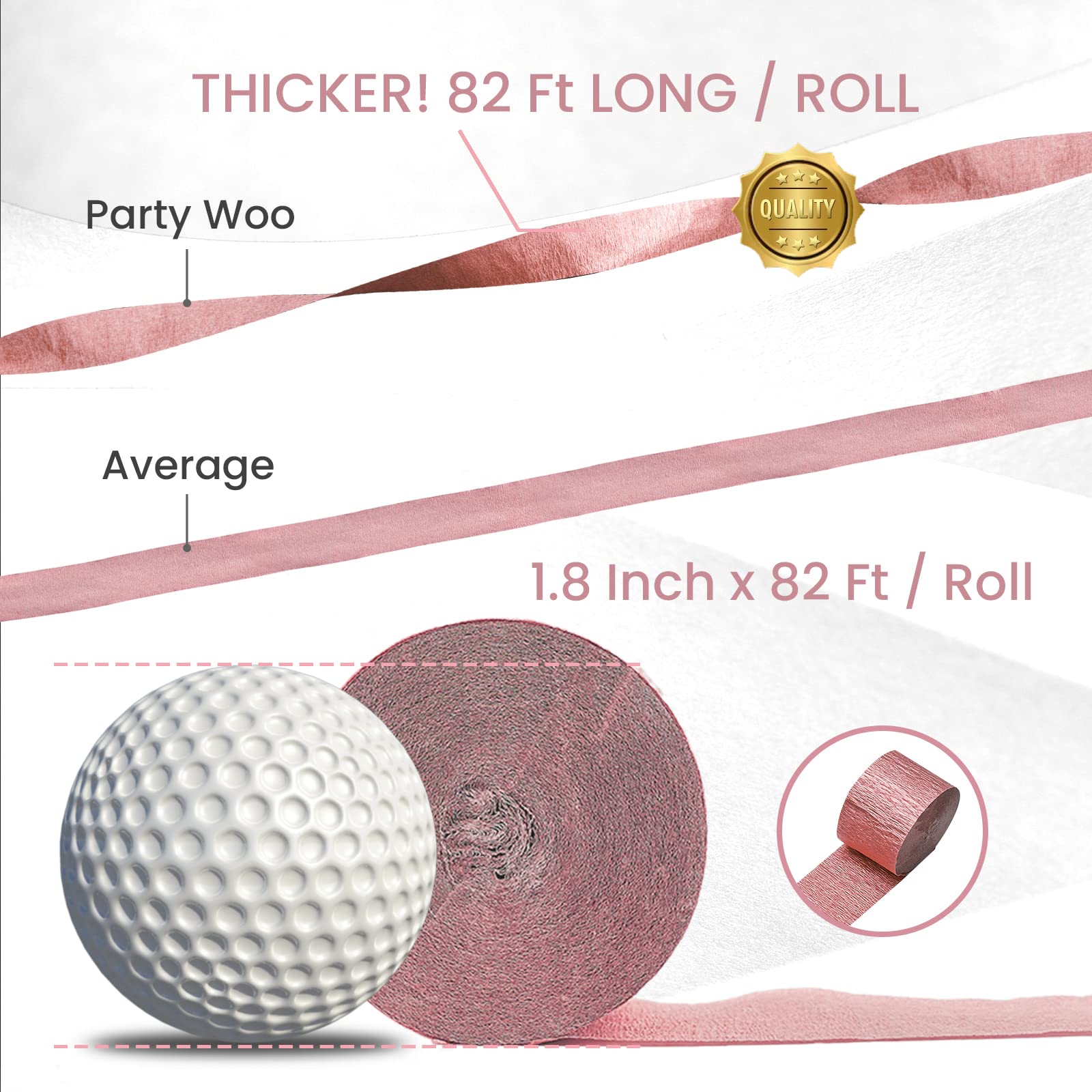 PartyWoo Crepe Paper Streamers 4 Rolls 328ft, Pack of Metallic Rose Gold Crepe Paper for Party Decorations, Wedding Decorations, Birthday Decorations, Baby Shower Decorations (1.8 Inch x 82 Ft/Roll)