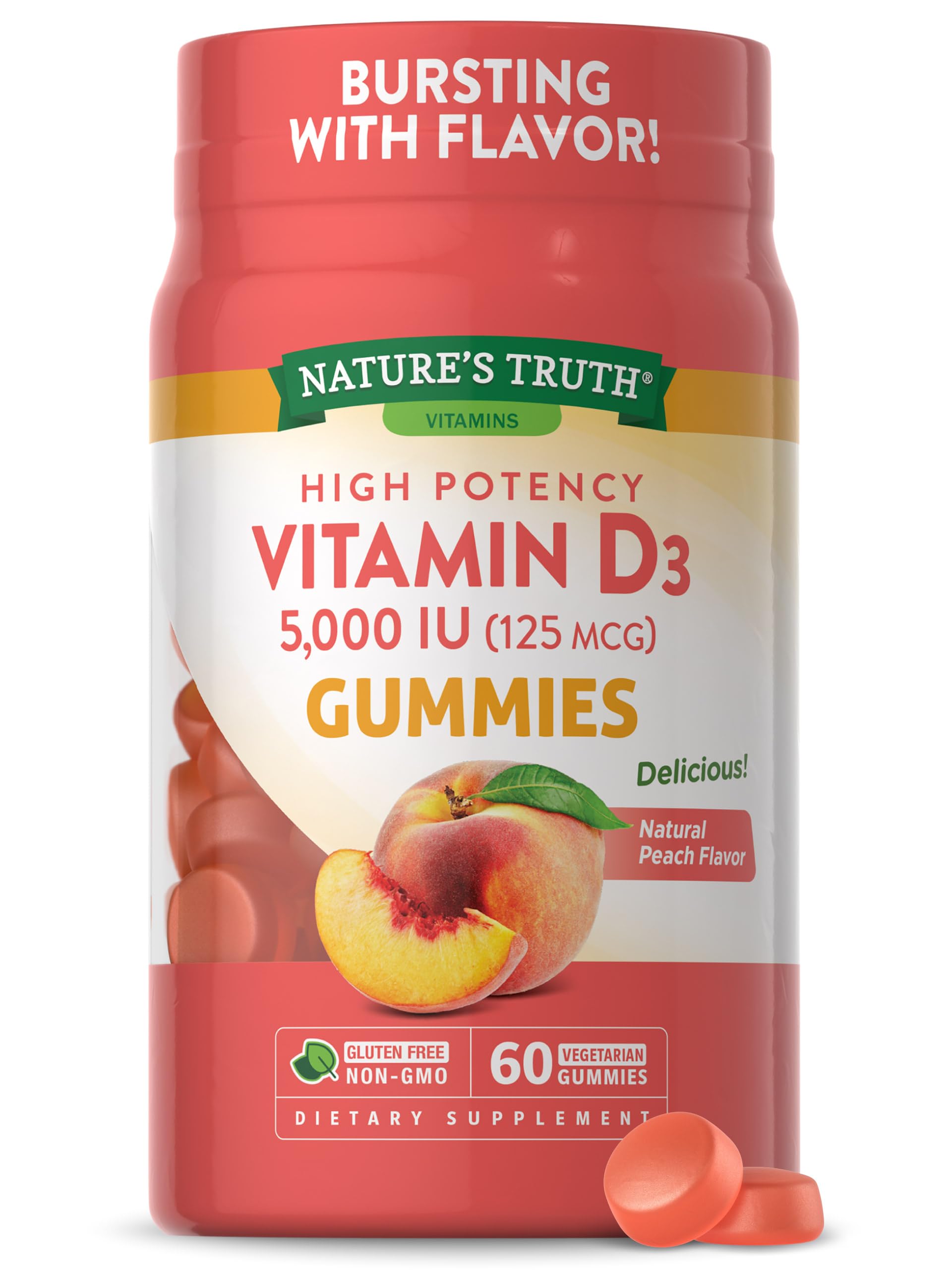 Nature's Truth Vitamin D3 Gummies | 5000 IU | 60 Count | Peach Flavor | Vegetarian, Non-GMO & Gluten Free Supplement