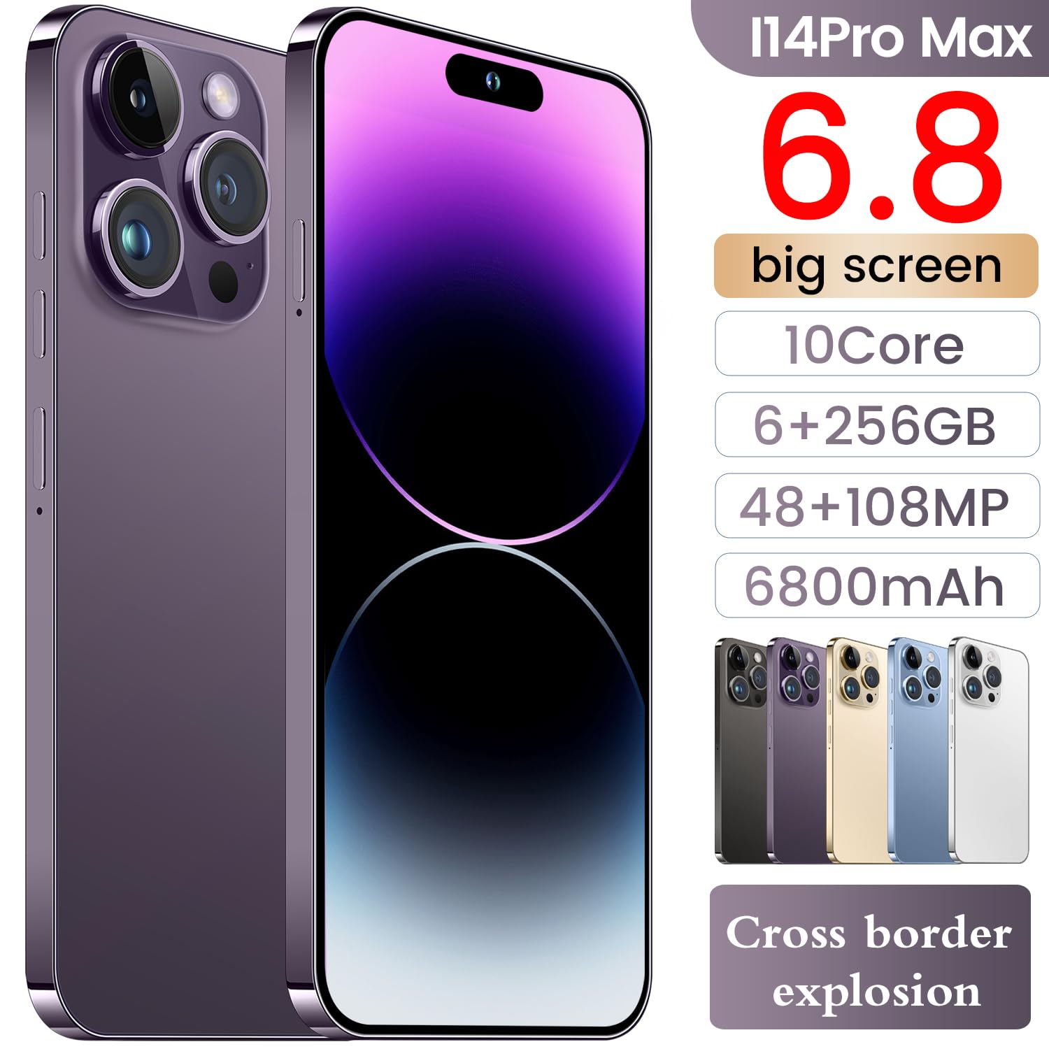 KURSARKEE I14 ProMAX Unlocked Cell Phone,Smartphone Long Battery Life 6.82" HD Screen Unlocked Phones (Purple)