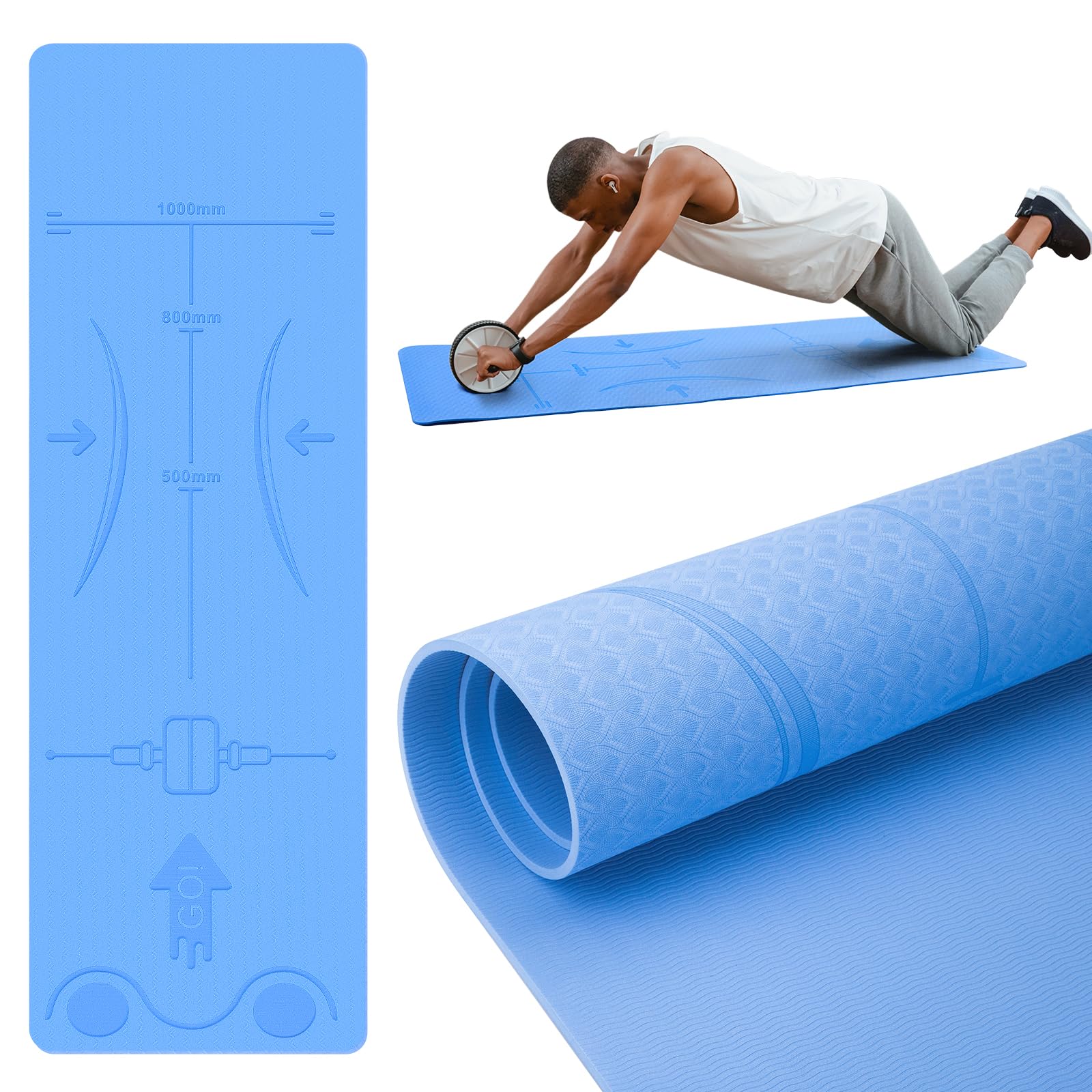 HEDUGO Exercise Equipment Mat for Ab Roller Wheel, Non Slip Abdominal Knee Mat, 6mm Thick Home Gym Floor Pad for Yoga, Pilates, Skipping, 72"L X 24"W X 0.24"Th, TPE, Blue