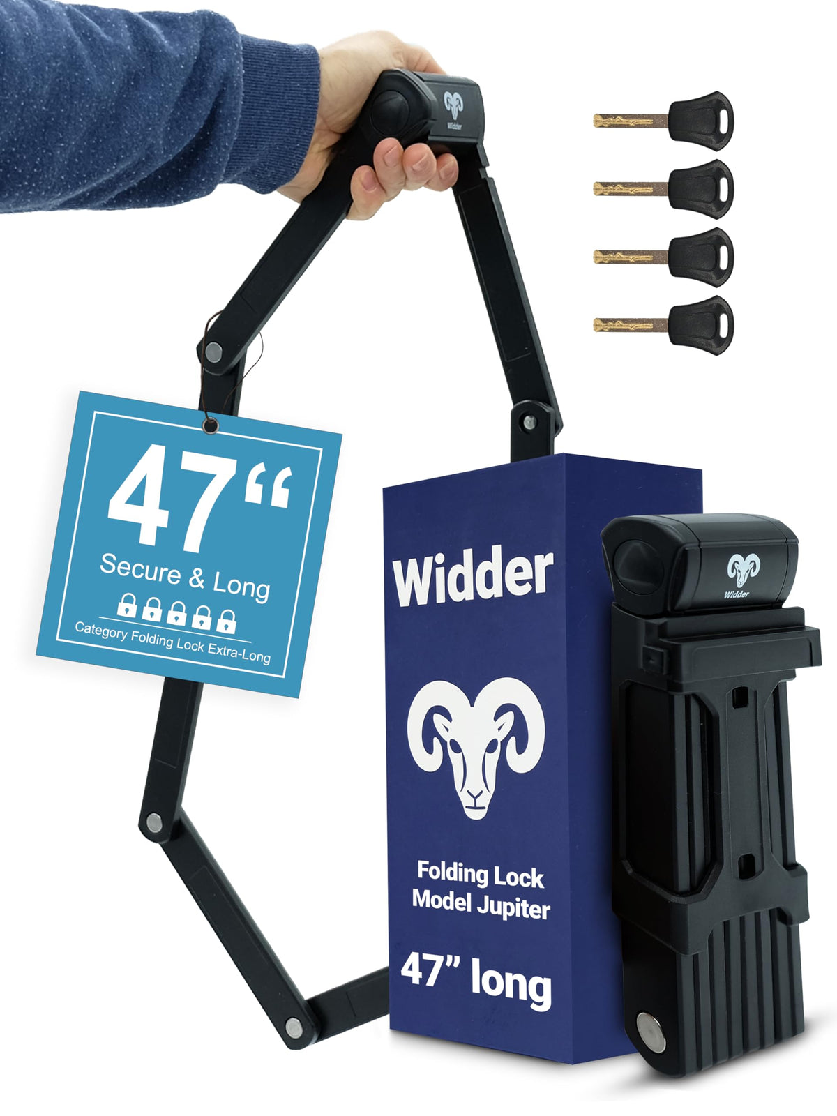 WIDDER Very long [47"] security folding lock - foldable bicycle lock with 4 keys | Folding bike lock with frame mount bracket, no rattling | Ideal as ebike lock, e scooter lock & bicycle lock with key