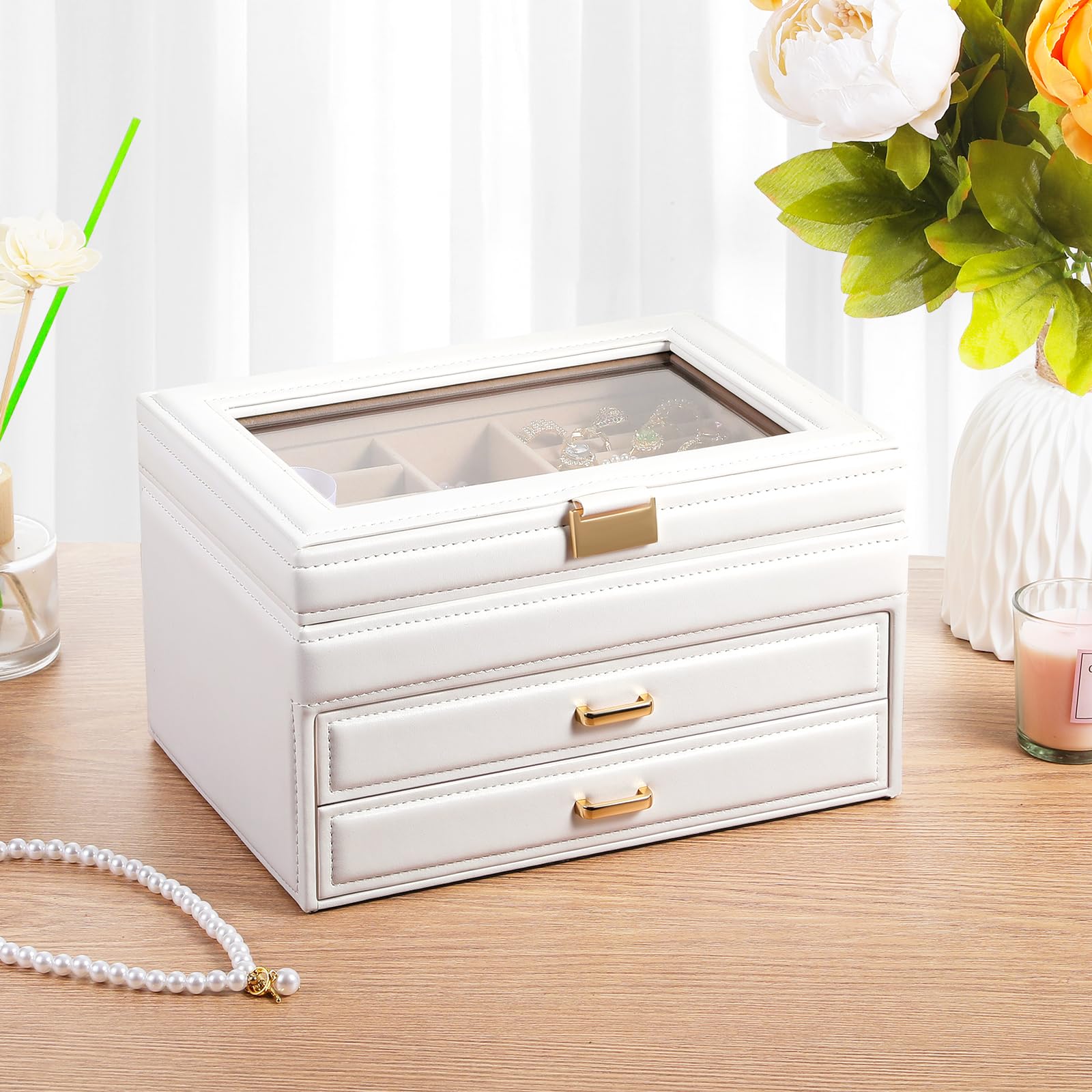 Souroyea 3 Layer Jewelry Box, Jewelry Boxes & Organizers, Jewelry Holder Organizer With Glass Lid, Jewelry Organizer for Big and Small Jewelry, Earring Organizer, 2 Drawers Jewelry Boxes for Women