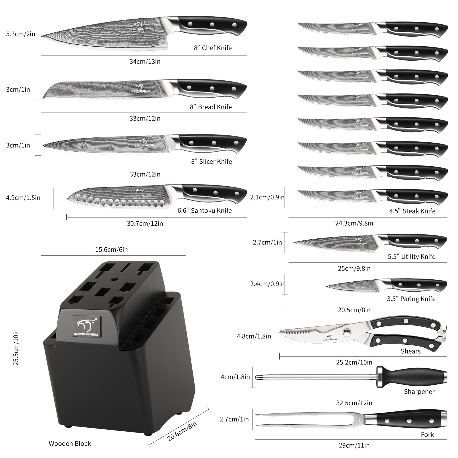 18 Pieces Damascus Kitchen Knife Set, 8 Piece Steak Knives, Non-slip ABS Ergonomic Triple Rivet Handle for Meat Fork, Knife Sharpener and Shears, 17 Slots Wooden Knife Block