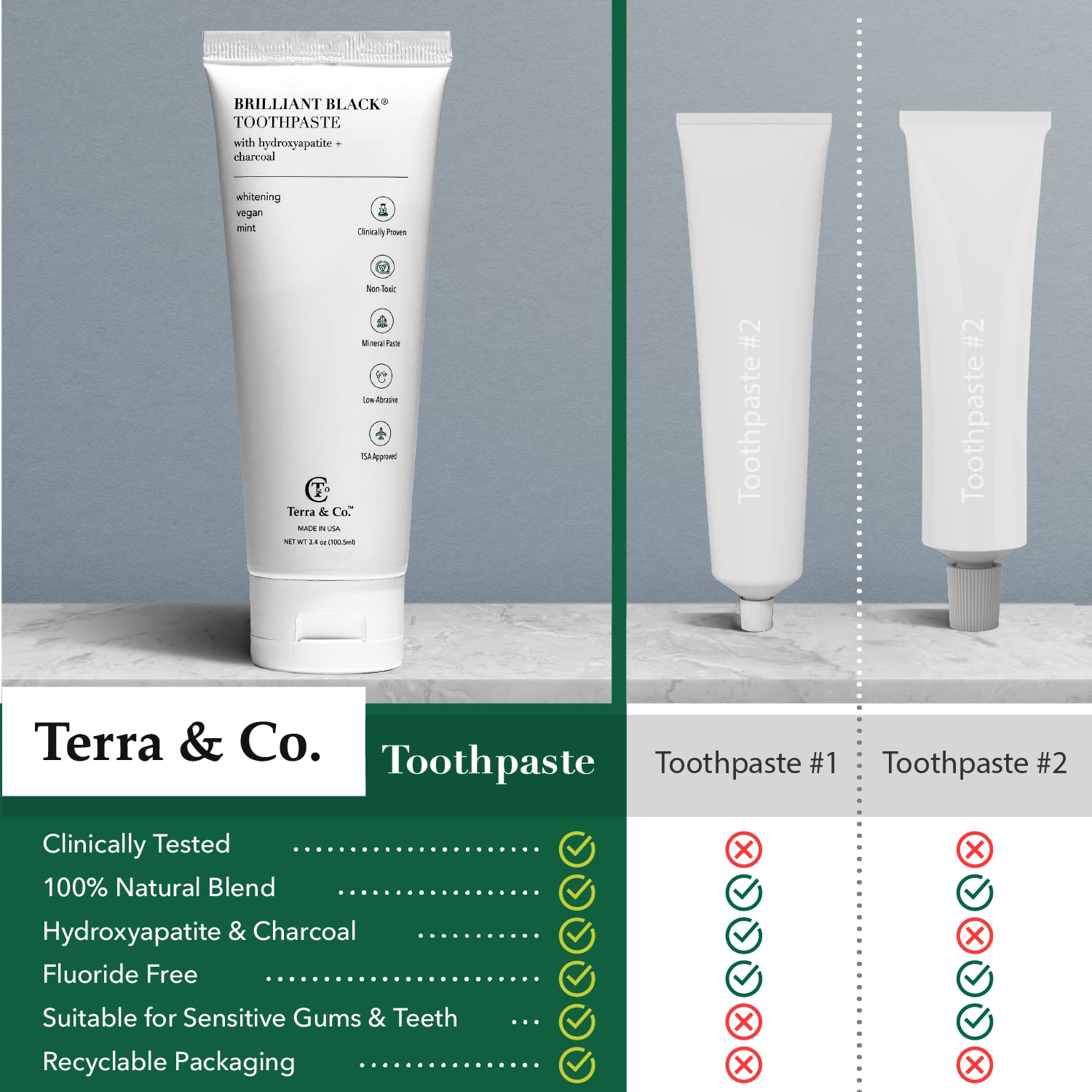 Terra & Co. Brilliant Hydroxyapatite Charcoal Toothpaste for Whitening Teeth– Natural Vegan Sensitive