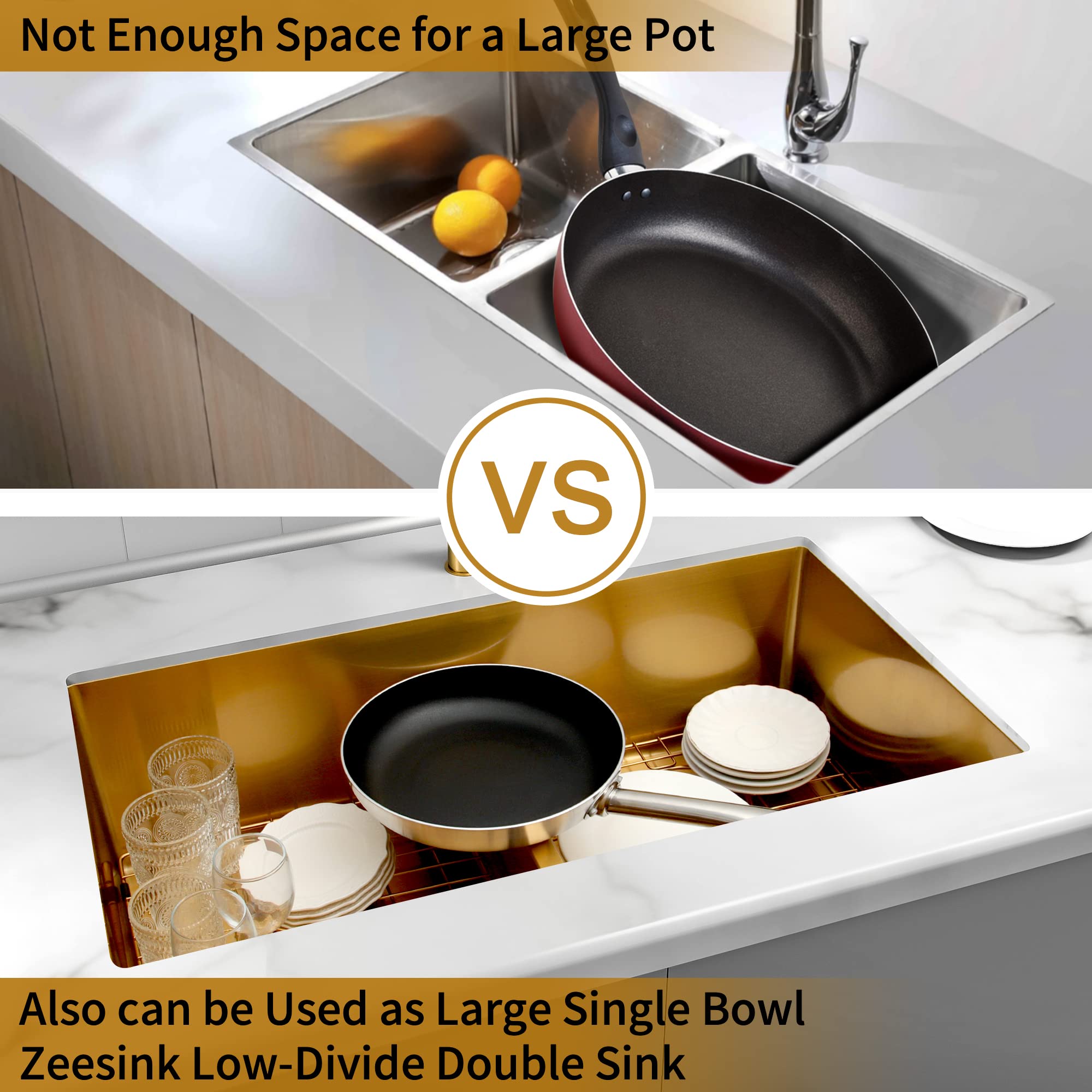 Zeesink Gold Undermount Kitchen Sink 32 X 18 inch,Double Bowl Kitchen Sinks,16 Gauge Stainless Steel Undermount Sink,Special Low-Divide Design