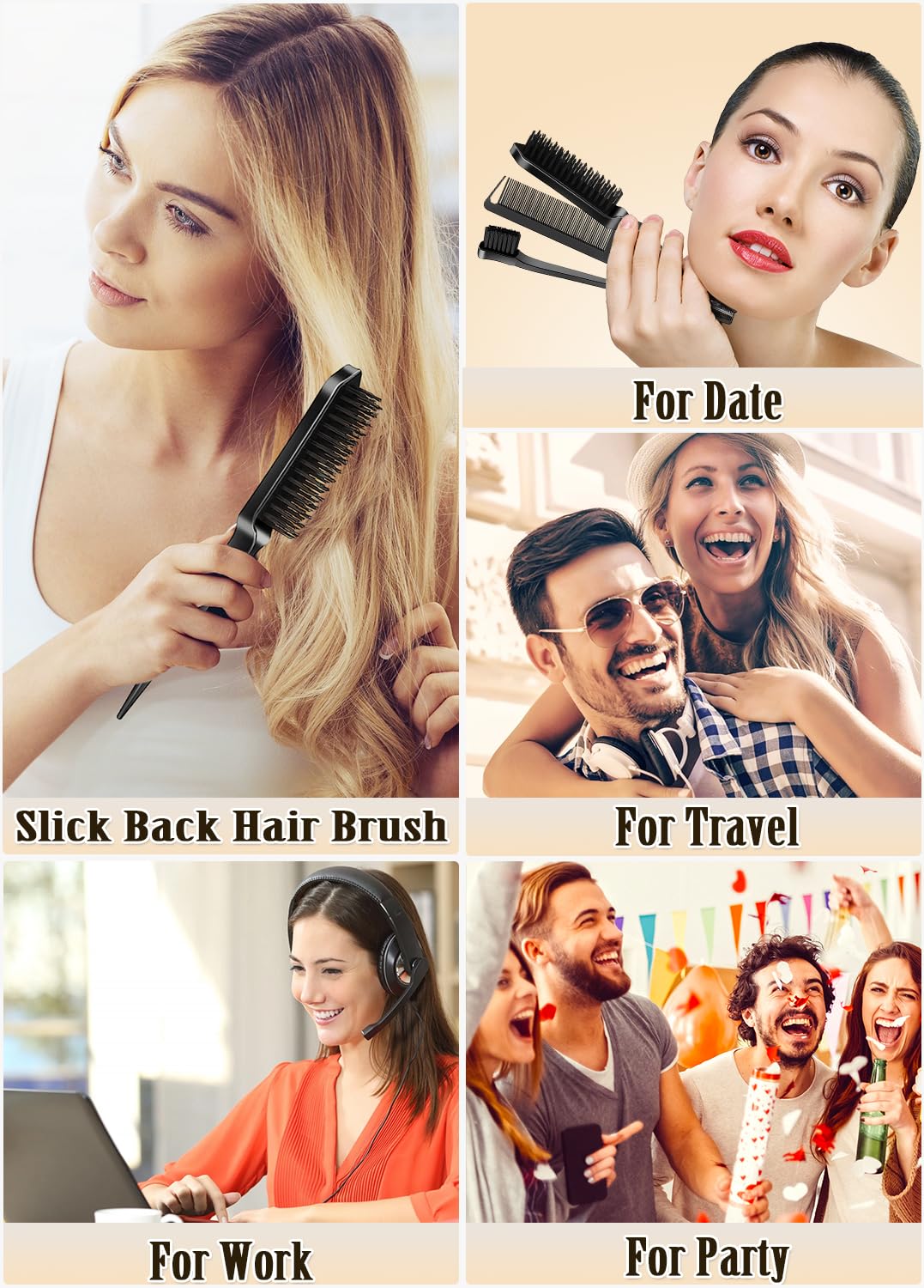 Slick Back Hair Brush, Wax Stick for Hair 4Pcs, Non-Greasy Hair Wax Stick for Flyaways & Wigs Hair Tamer Styling, Teasing Brush for Loose Hair, Rat Tail Combs for Separation, Edge Brush for Finishing