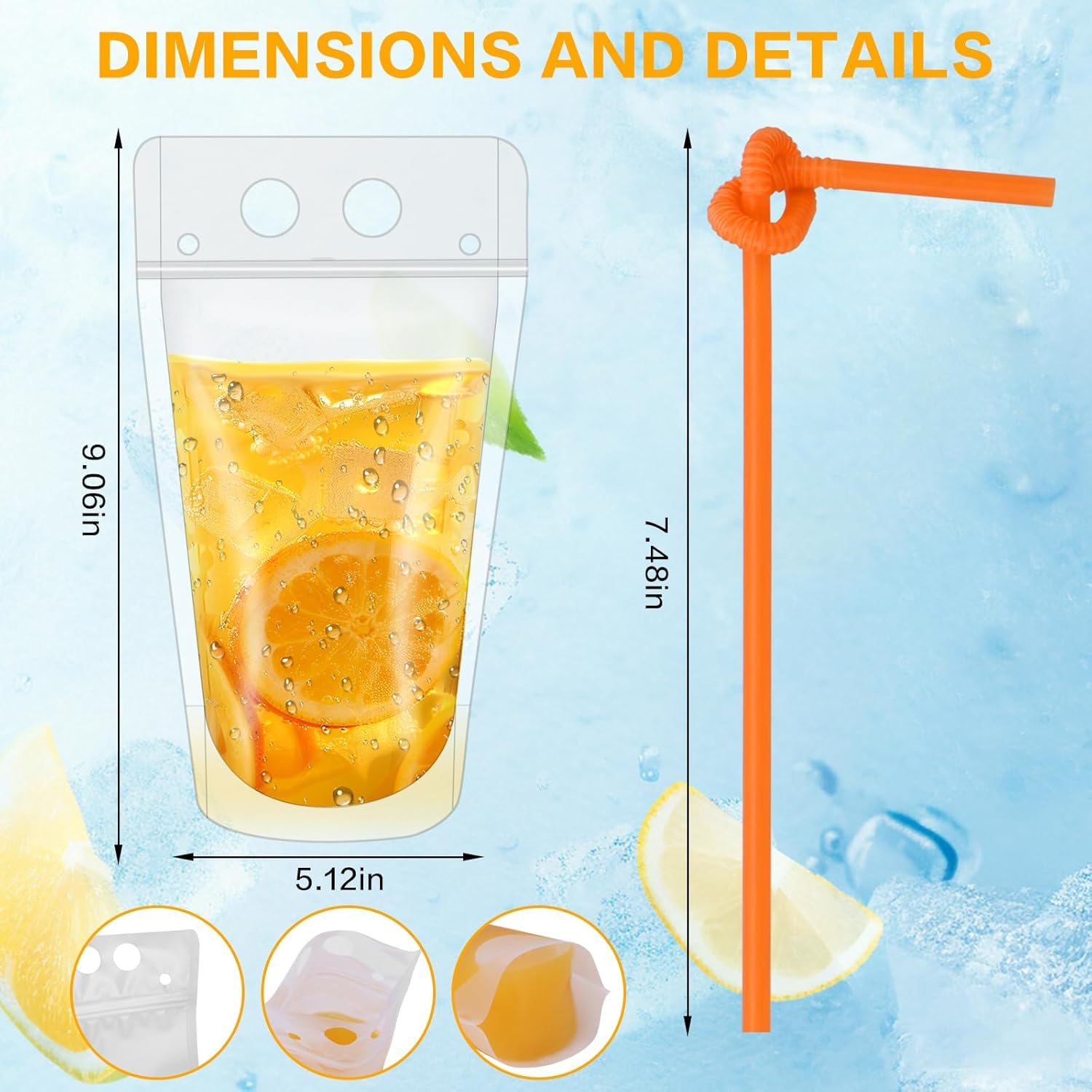 200 Pcs Clear Drink Pouches with Straws for Adults 16 oz Resealable Zipper Stand up Juice Pouches Bags Plastic Liquor Smoothies Container for Cold Hot Drink