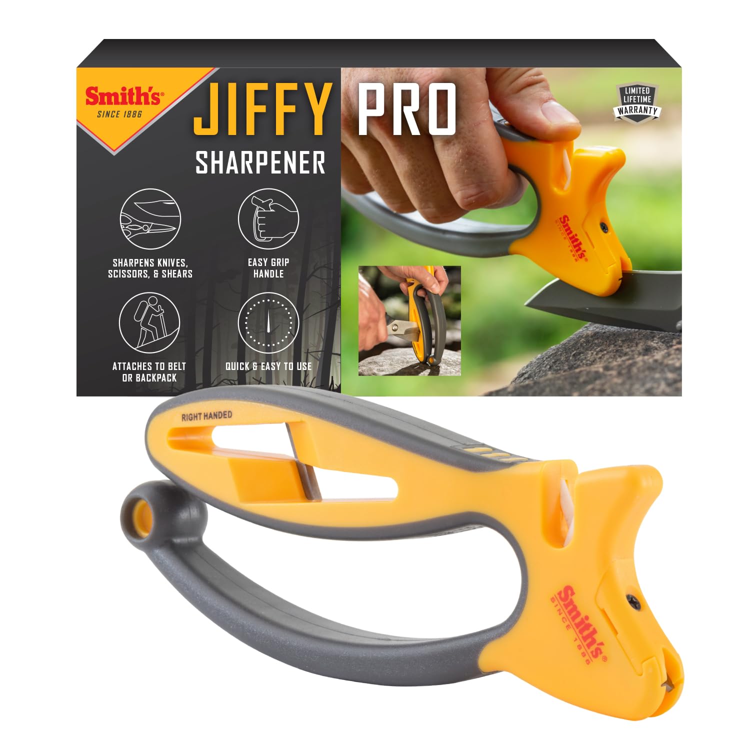 Smith's 50185 Jiffy-Pro Handheld Sharpener - 2-Stage Sharpening - Large Scissors & Shear Sharpening Slots - Outdoor Sharpener for Pocket, Hunting, Fishing & Kitchen Knives - Soft Grip Handle