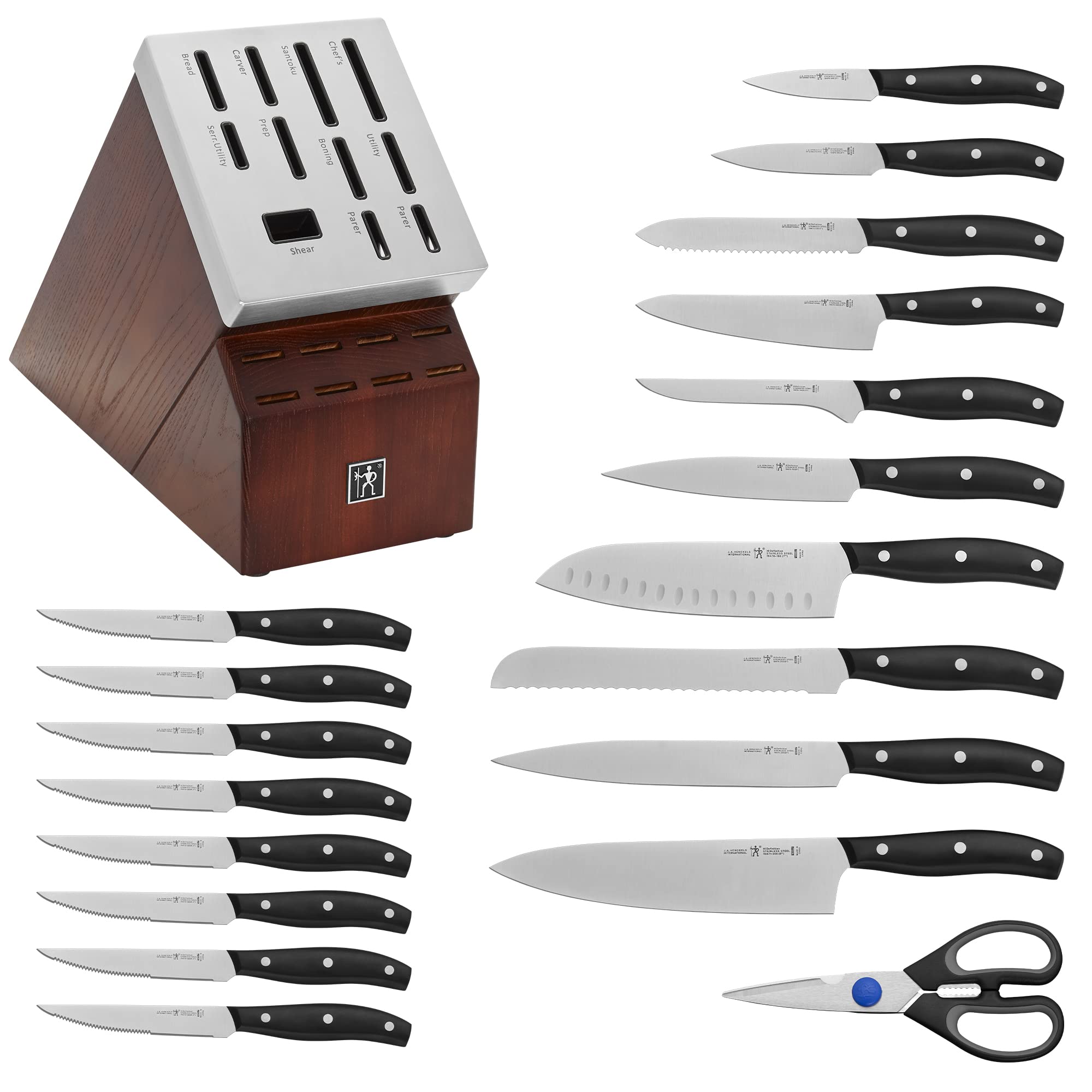 HENCKELS Definition 20-Piece Self-Sharpening Knife Block Set for Paring, Boning, Santoku, Chefs, Carving, Kitchen Shears, German Engineered Informed by 100+ Years of Mastery, Brown, Black, Silver