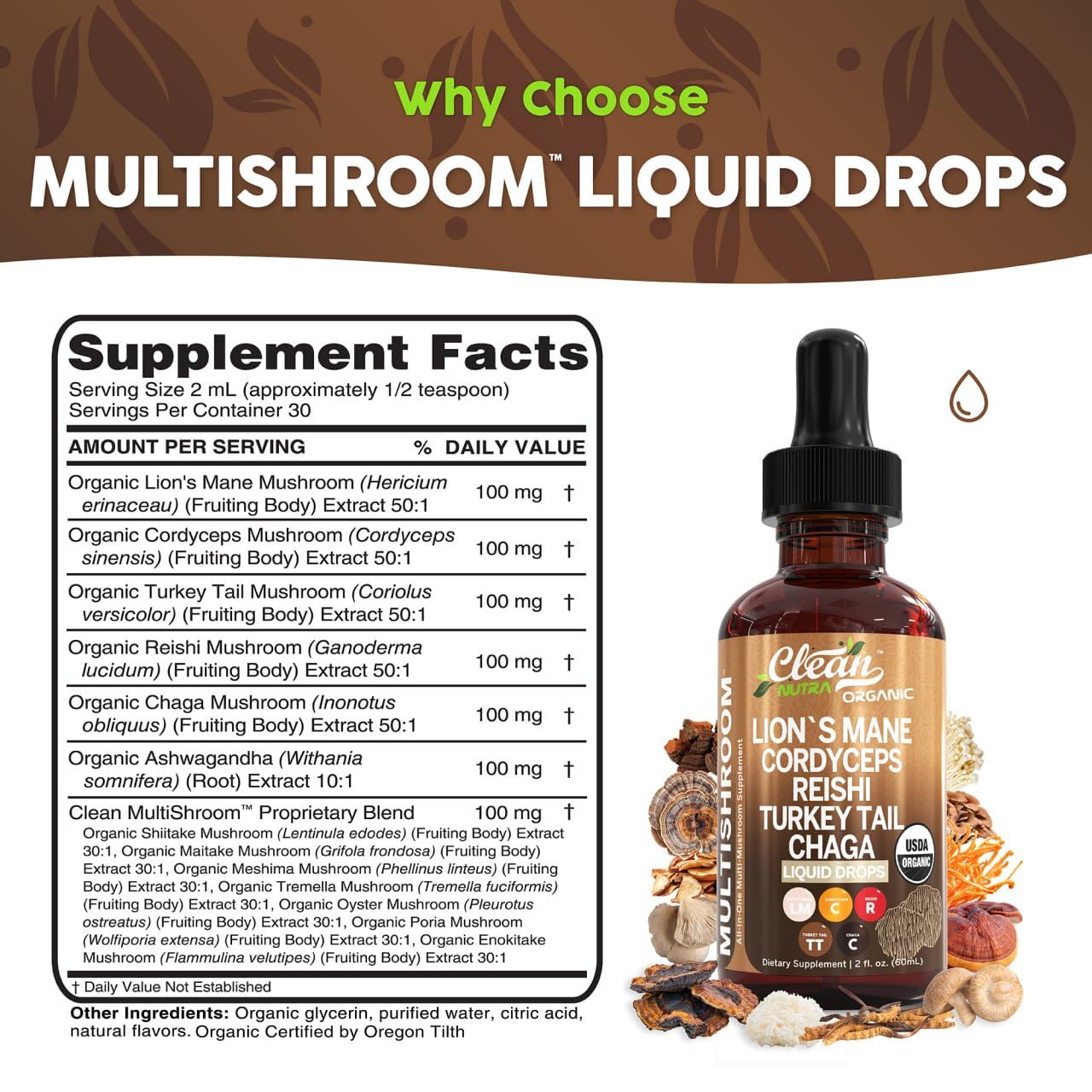 Organic Lions Mane Mushroom Supplement Liquid Drops + Turkey Tail Cordyceps Reishi Chaga Shitake Maitake Tremella Oyster Mushrooms Poria and Enokitake Complex Blend by Clean Nutra