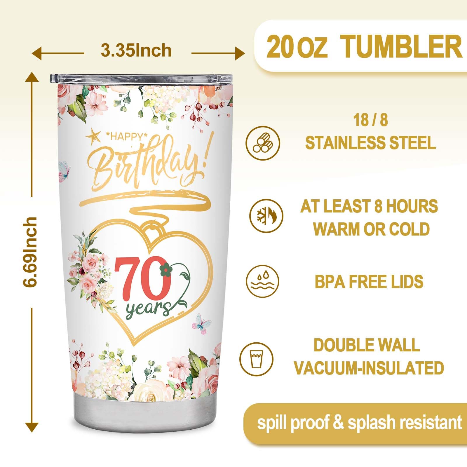 70th Birthday Gifts for Women, Happy 70 Year Old Birthday Gift, Best Gifts for 70 Year Old Woman, 1953 Birthday Gifts for Women Tumbler Cup 20oz With Lid