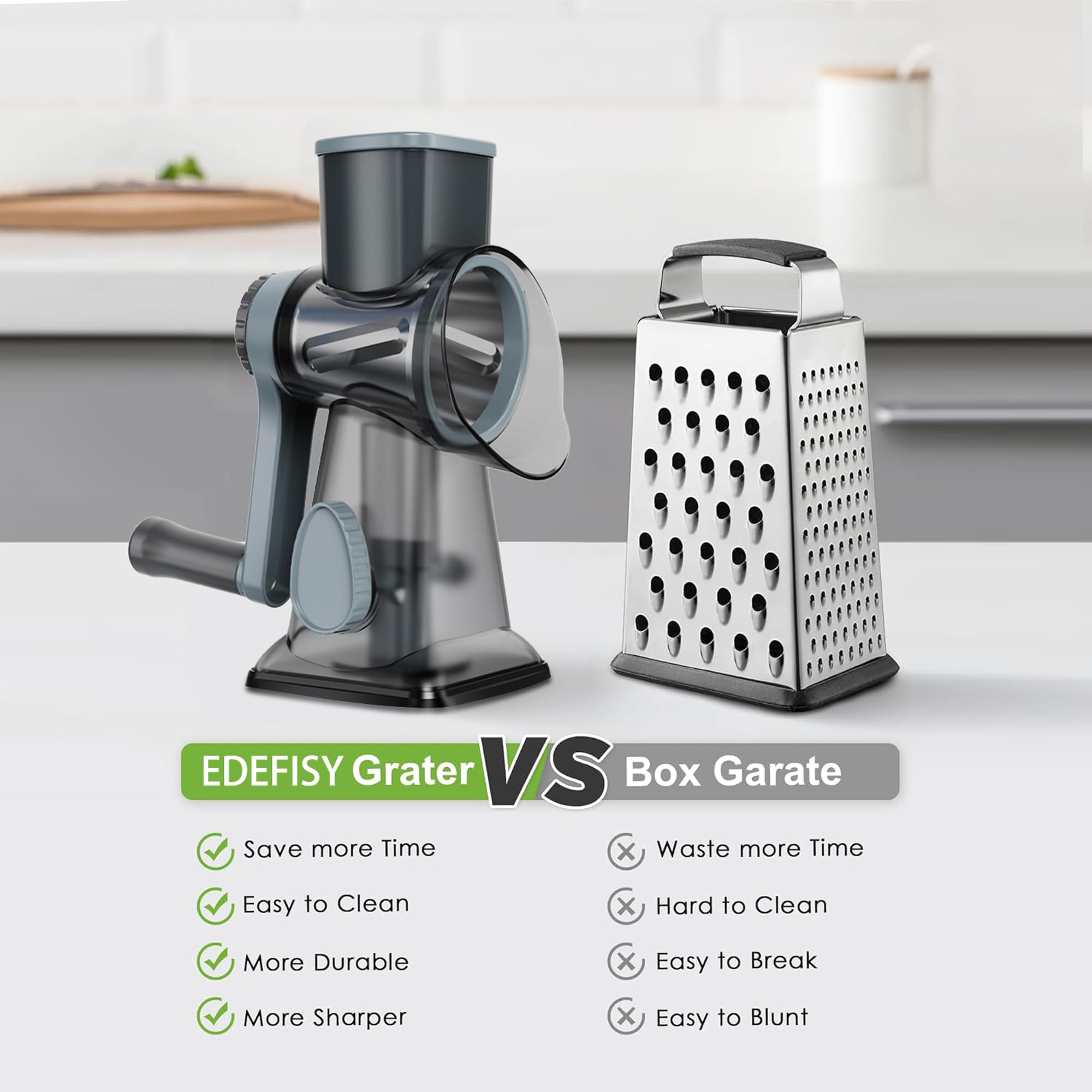 EDEFISY Cheese Grater Hand Crank Rotary Cheese Grater with Handle,3-in-1 Cheese Shredder with Interchangeable Blades and Strong Suction Base Multifunctional Grater for Kitchen