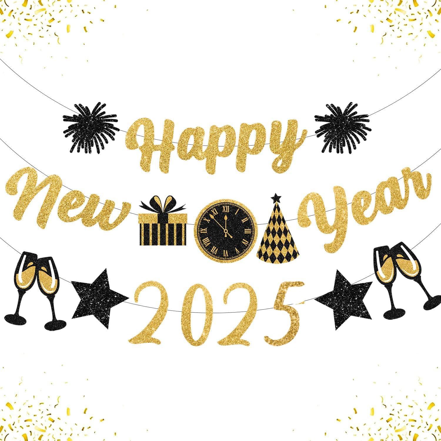 Gold Black New Years Decorations 2025 Glitter Happy New Year Banner New Years Eve Party Supplies New Years Eve Decorations Happy New Year Sign For New Year Party Decorations