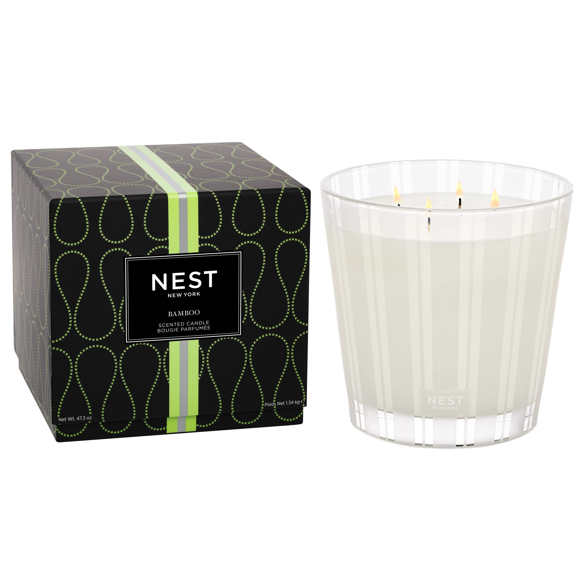 NEST New York Scented Luxury 4-Wick Candle, Bamboo - 43.7 oz - Up to 120-Hour Burn Time - Reusable Glass Vessel
