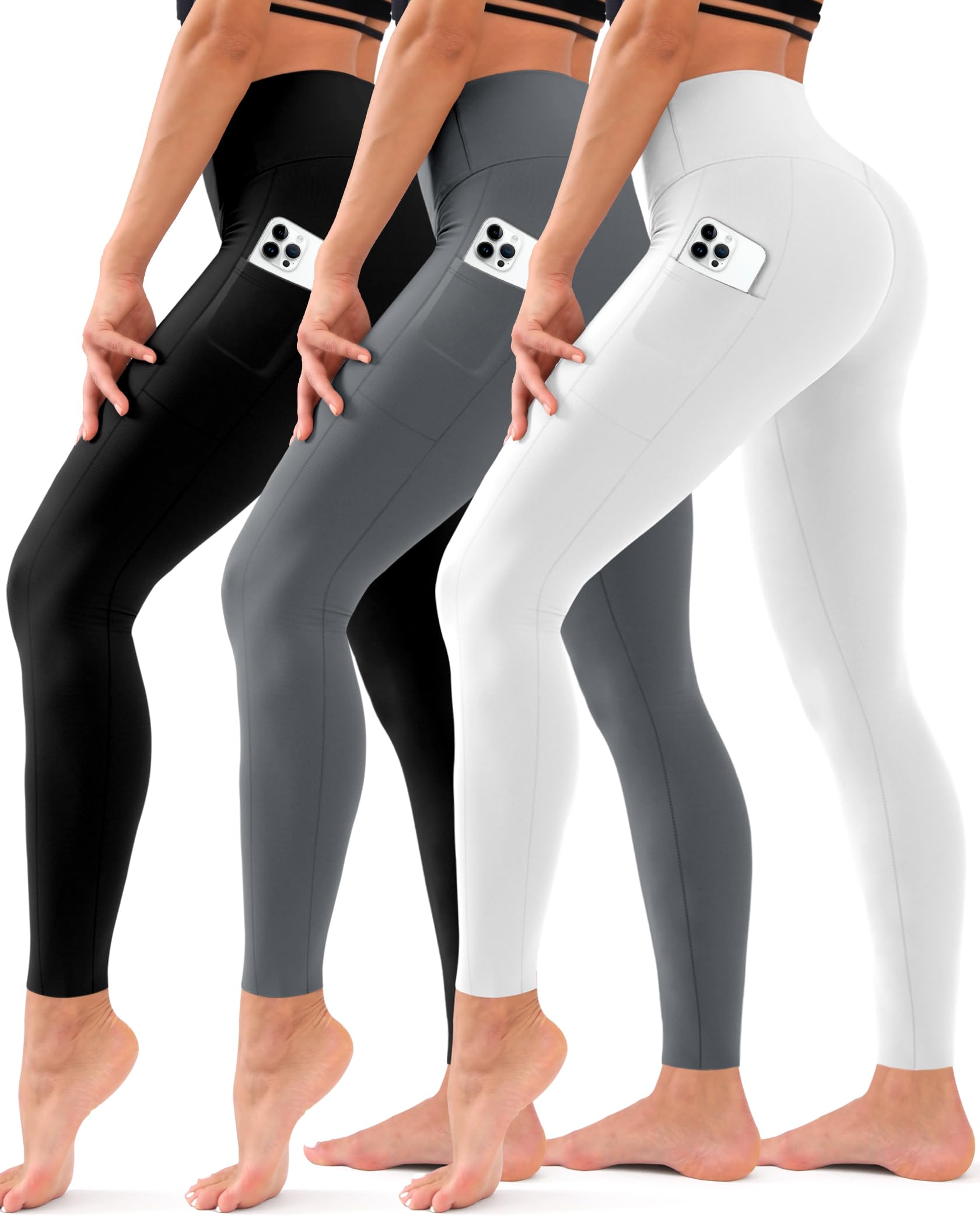 Hmuuo 3 Pack Leggings with Pockets for Women High Waisted Tummy Control No See-Through Yoga Pants Workout Running Leggings