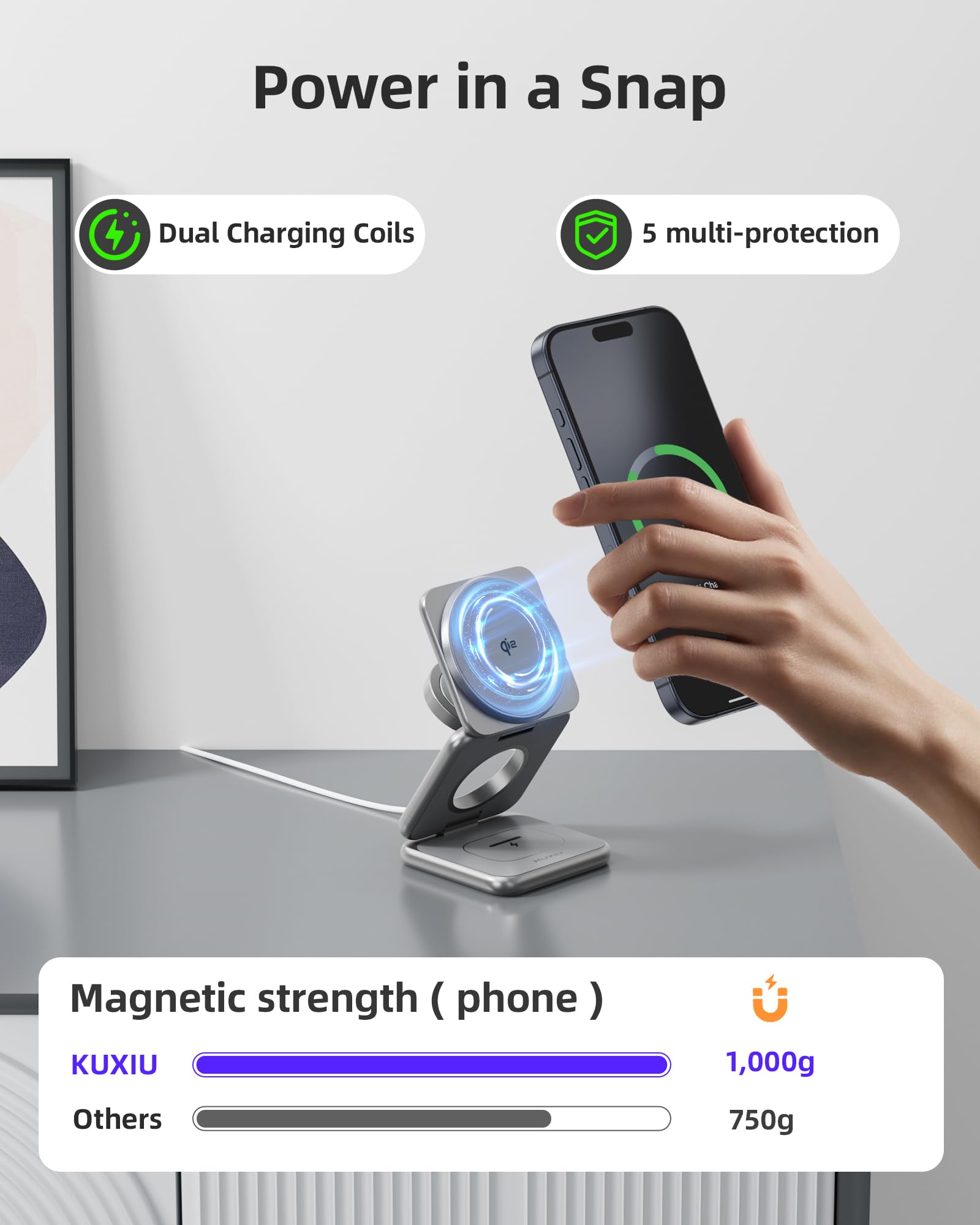 KU XIU Foldable 3 in 1 Charging Station, Qi2 Certified 15W Magnetic Wireless Charger Stand, X40Q Aluminum Alloy Travel Charger for iPhone 16/15/14, 5W for Apple Watch, AirPods, Gray