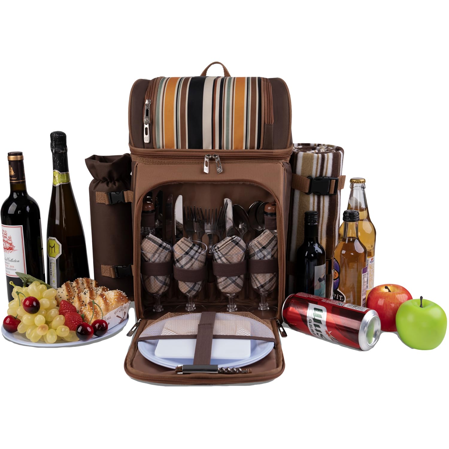 ALLCAMP Picnic Basket Backpack Cooler for 4 Person with 2 Insulated Cooler Bag, Detachable Bottle/Wine Holder, Fleece Blanket, Plates and Cutlery for Family,Couple,Friend Gatherings and Gifts (Brown)